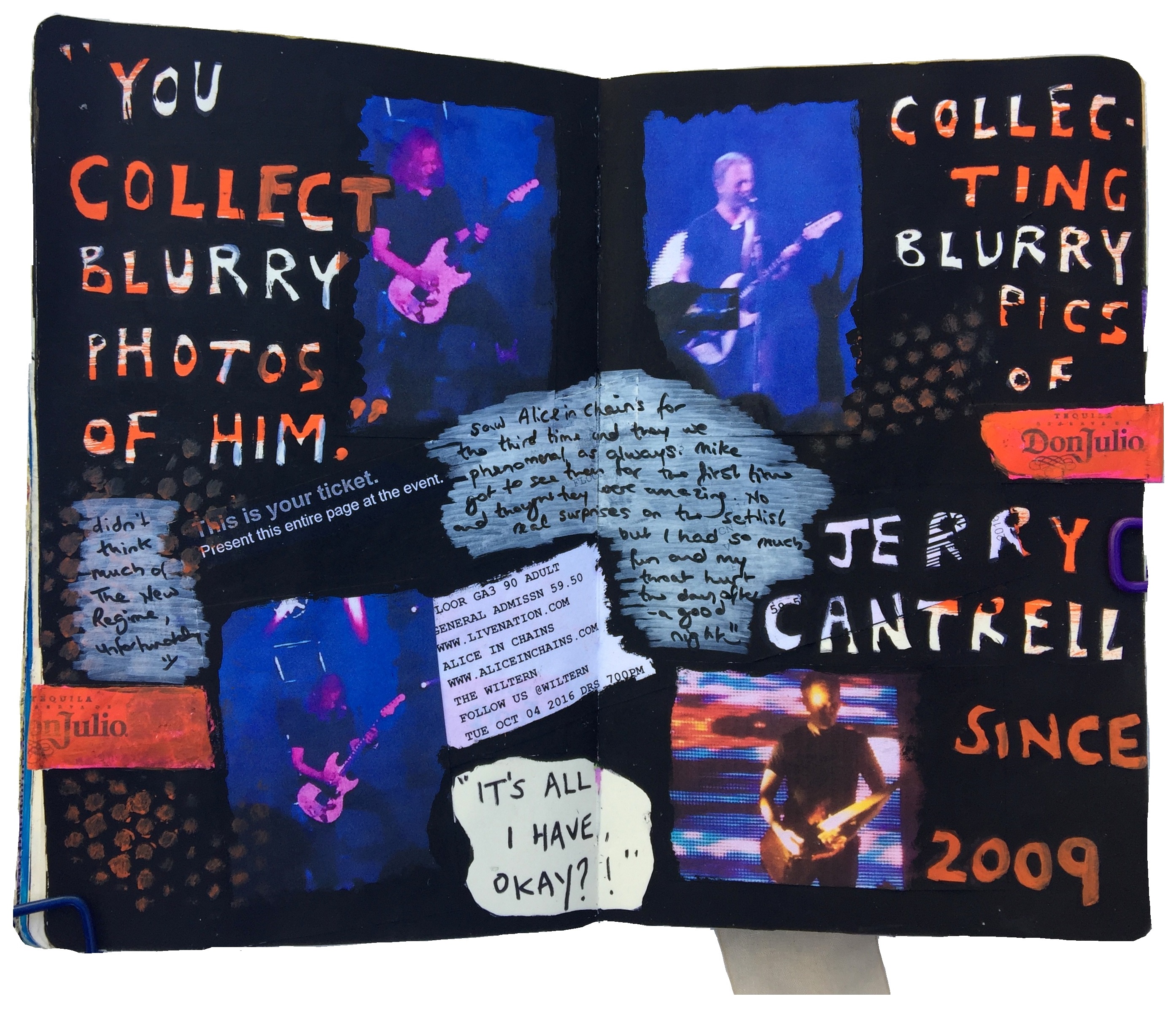 A mixed media art journal collage of blurry photos I've taken of Jerry Cantrell at concerts and making a joke about it.