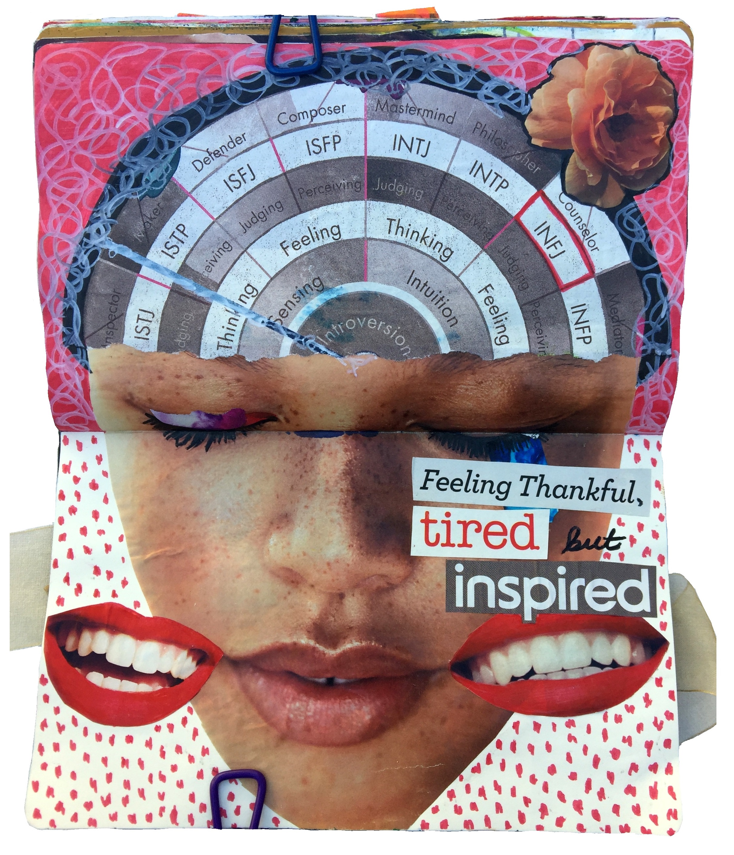 Day 24 of Art Every Day Month. An art journal collage about being thankful, tired, and inspired after a long day.