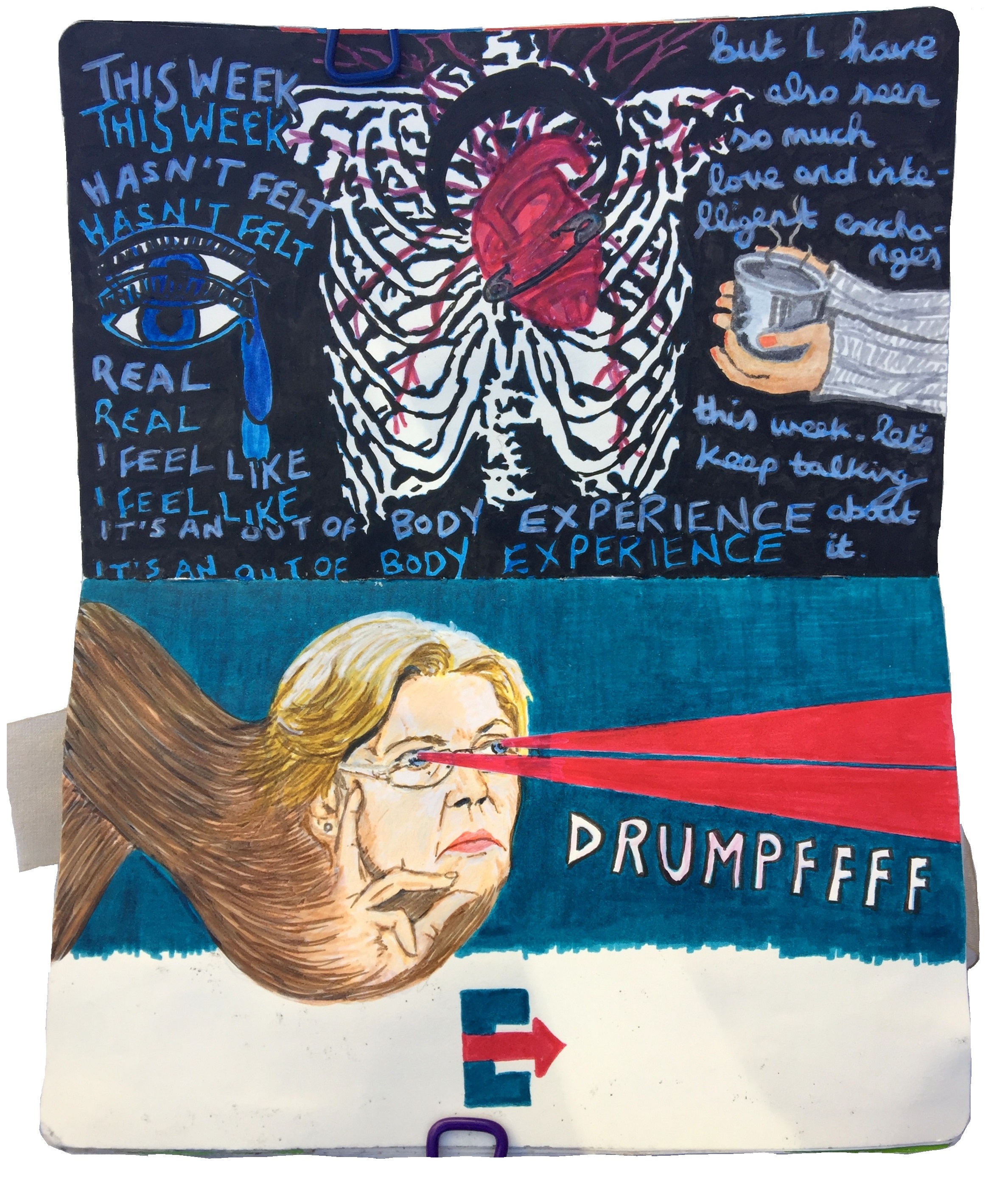 Days 11-13 of Art Every Day Month. A mixed media art journal illustration an anatomical heart in a rib cage with a safety pin in it and tears and words about the election, and a drawing of Elizabeth Warren shooting laser beams out of her eyes.