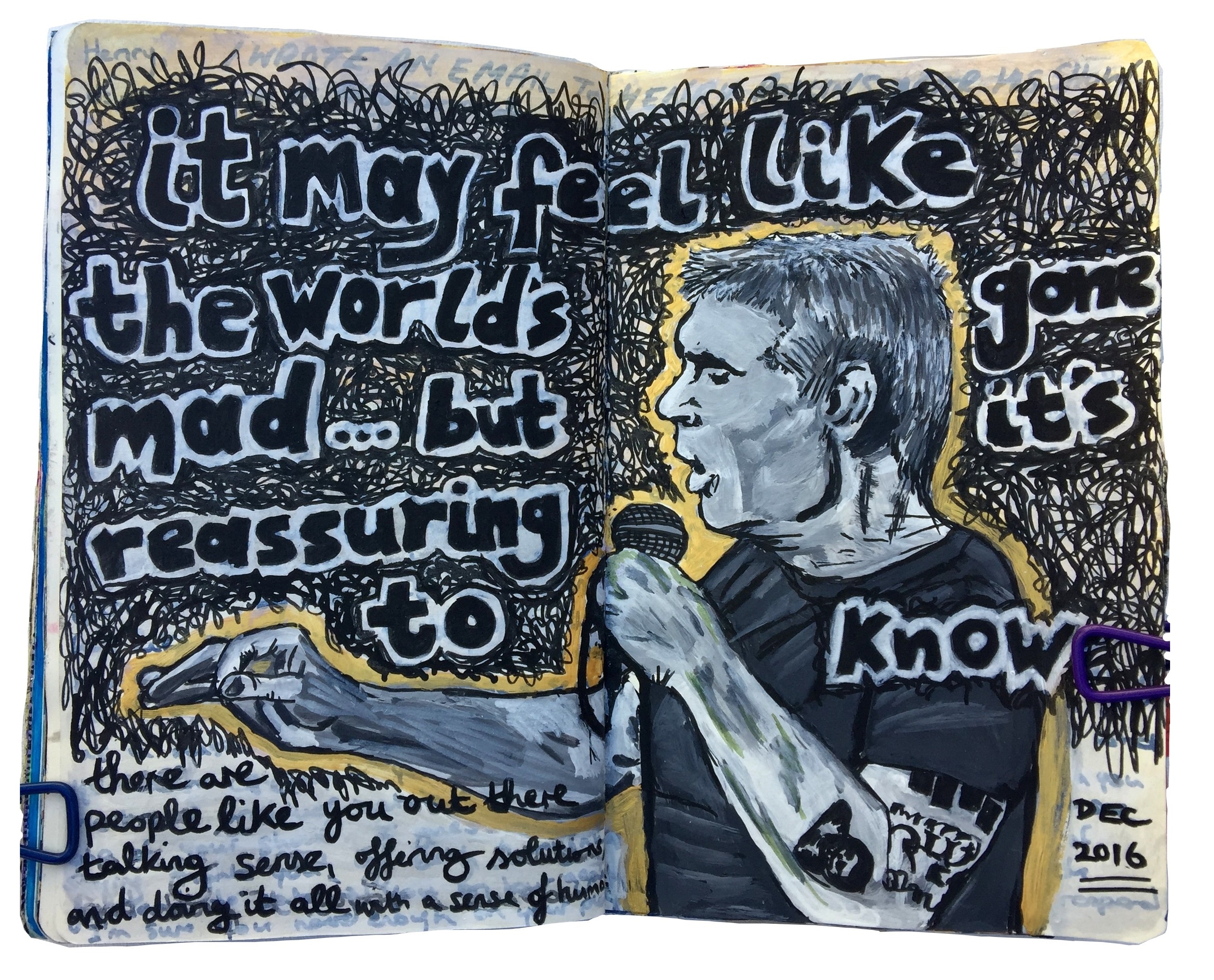 An art journal illustration of Henry Rollins talking into a microphone from when we saw his live show at the Largo in Los Angeles after the election, with part of a letter I wrote to him.