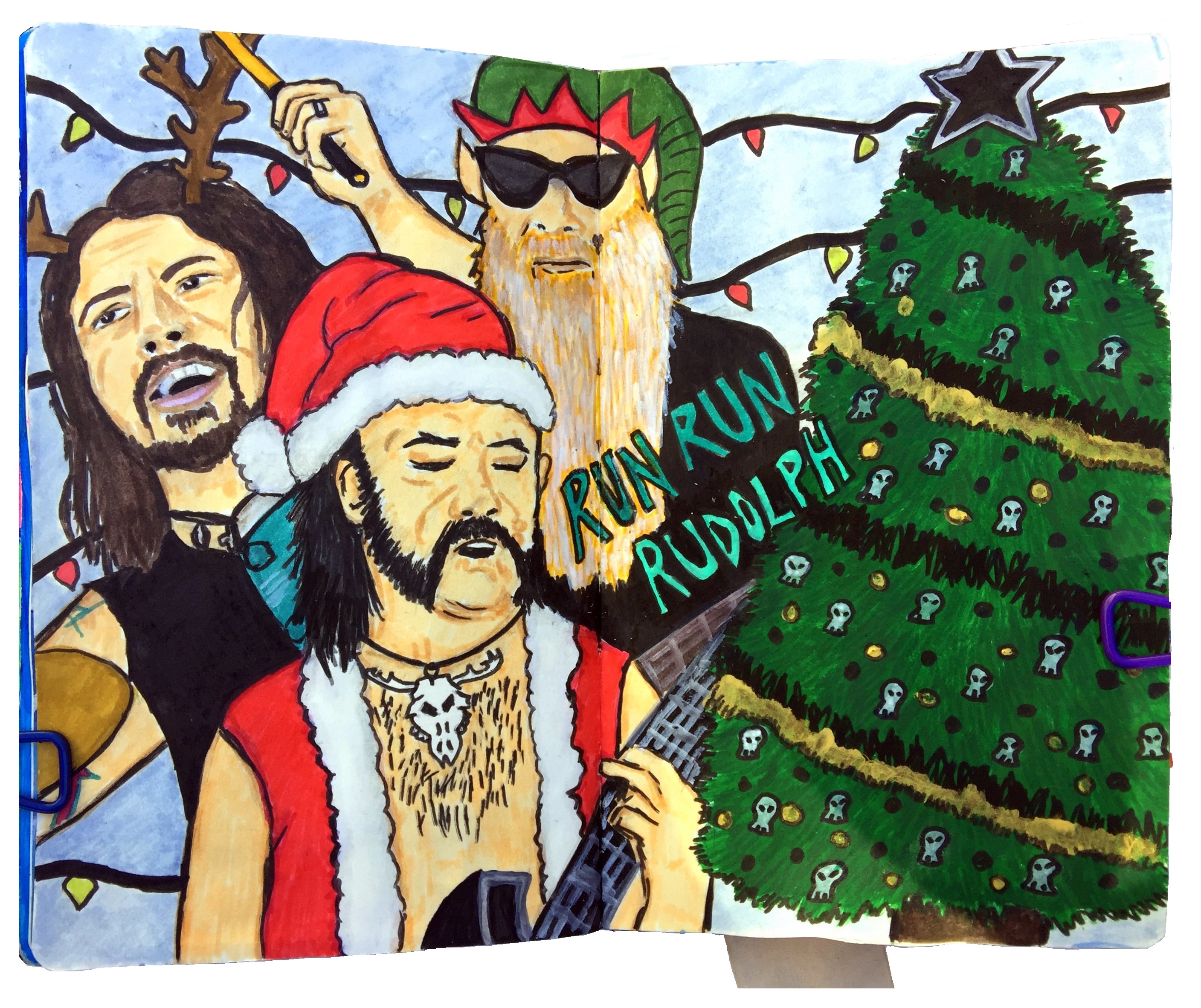 An art journal illustration of Dave Grohl, Lemmy, and Billy Gibbons in holiday costumes next to a Christmas tree with skull ornaments and the words run run rudolph next to them.