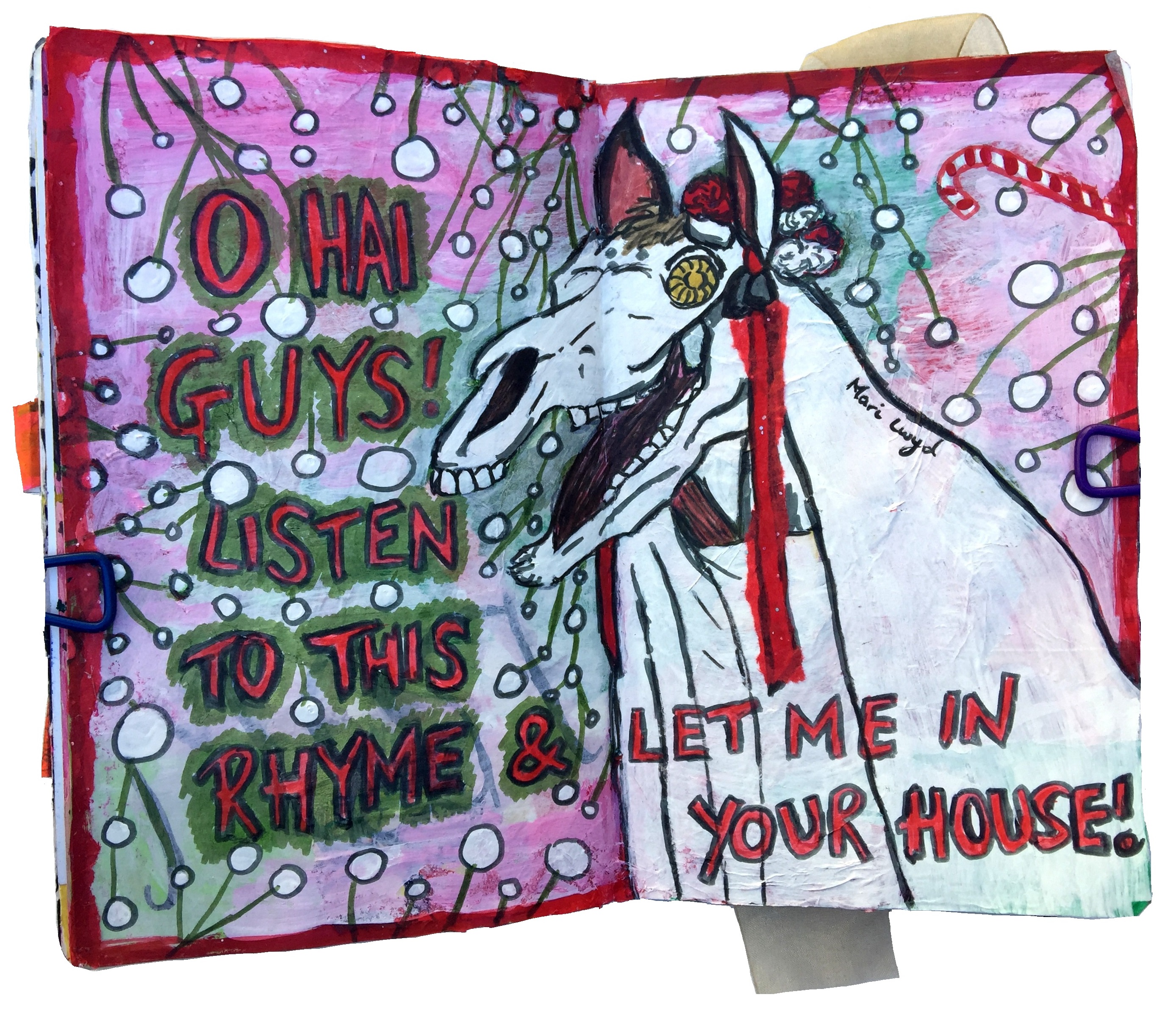 A mixed media art journal illustration of the Mari Lwyd, a Welsh wassailing folk custom.