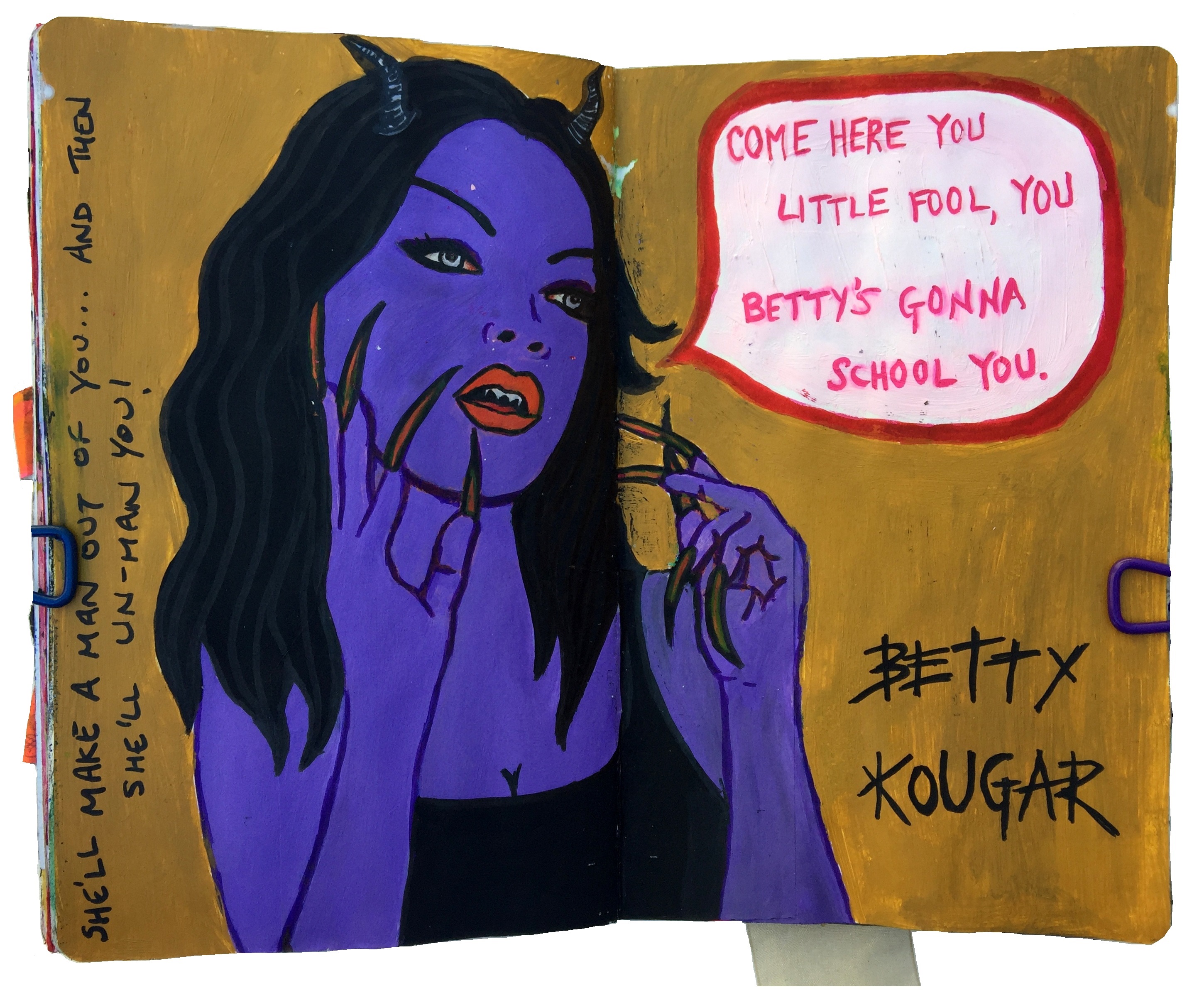 An art journal illustration of a purple horned demon woman with Blackwitch Pudding lyrics.