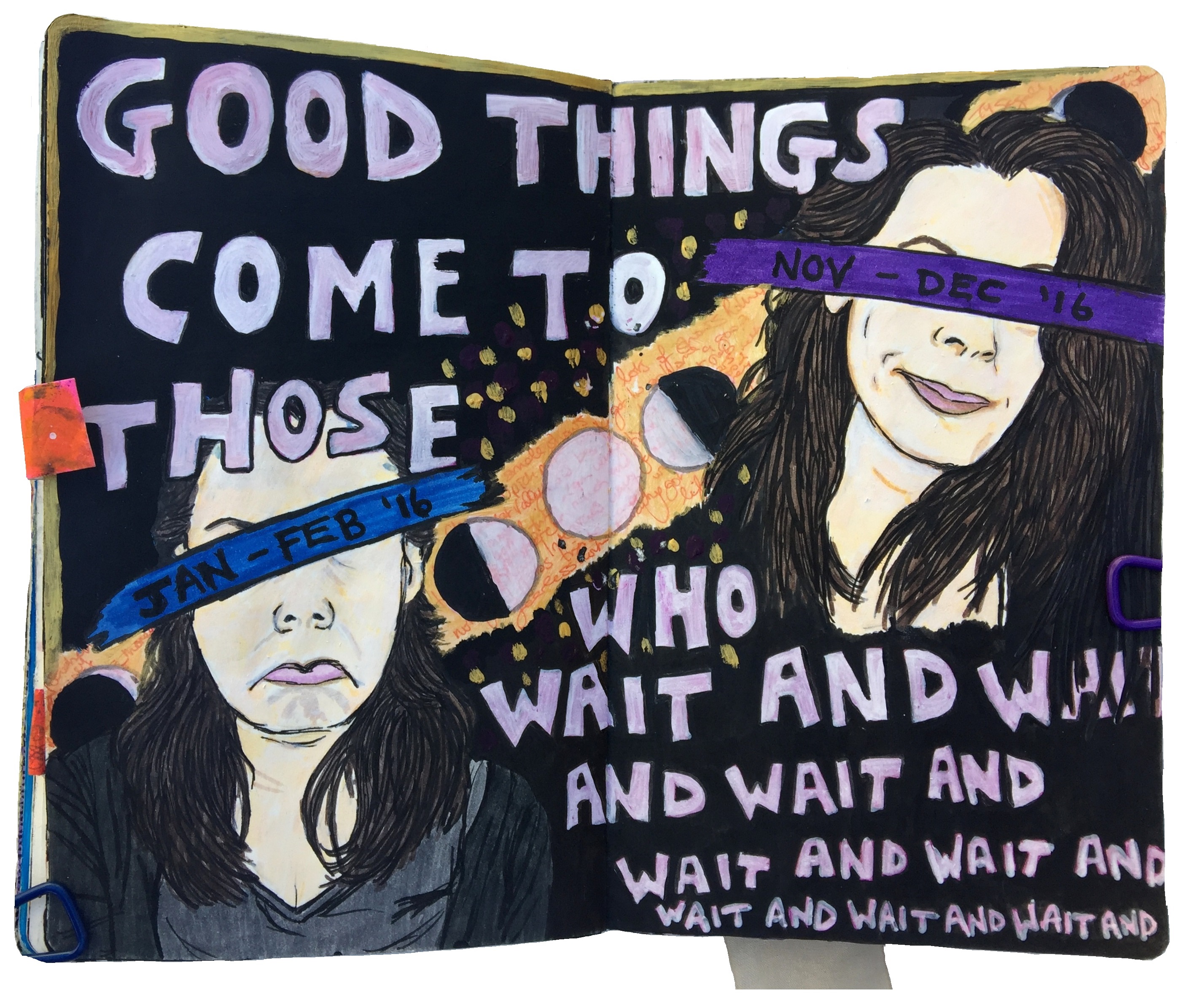 An art journal illustration of self portraits looking sad and happy with the words good things come to those who wait and wait and wait and wait...