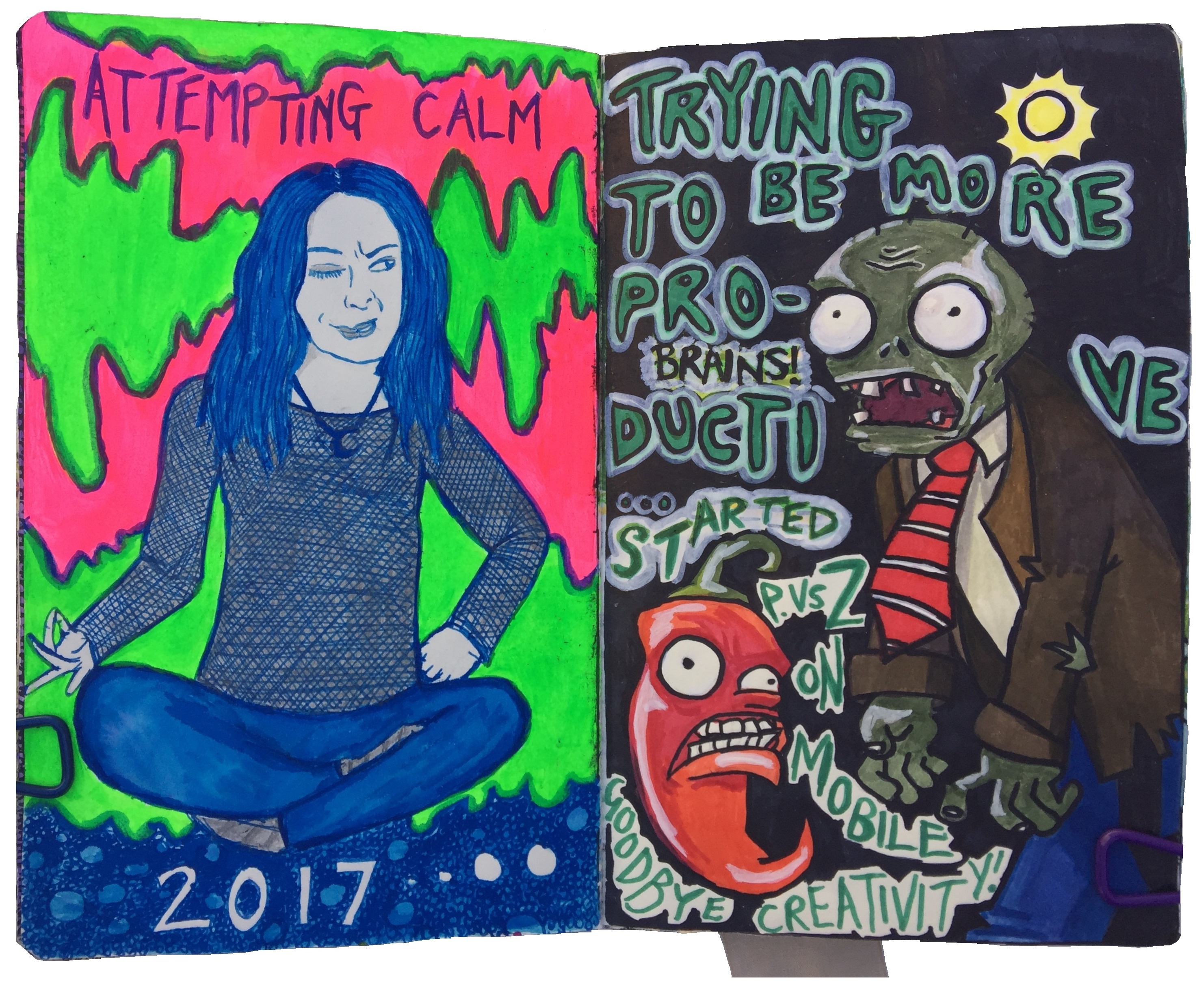 An art journal illustration of myself in a meditation pose with one eye open looking annoyed against a neon background with the words attempting calm and a drawing of zombies and plants from the game Plants vs. Zombies.