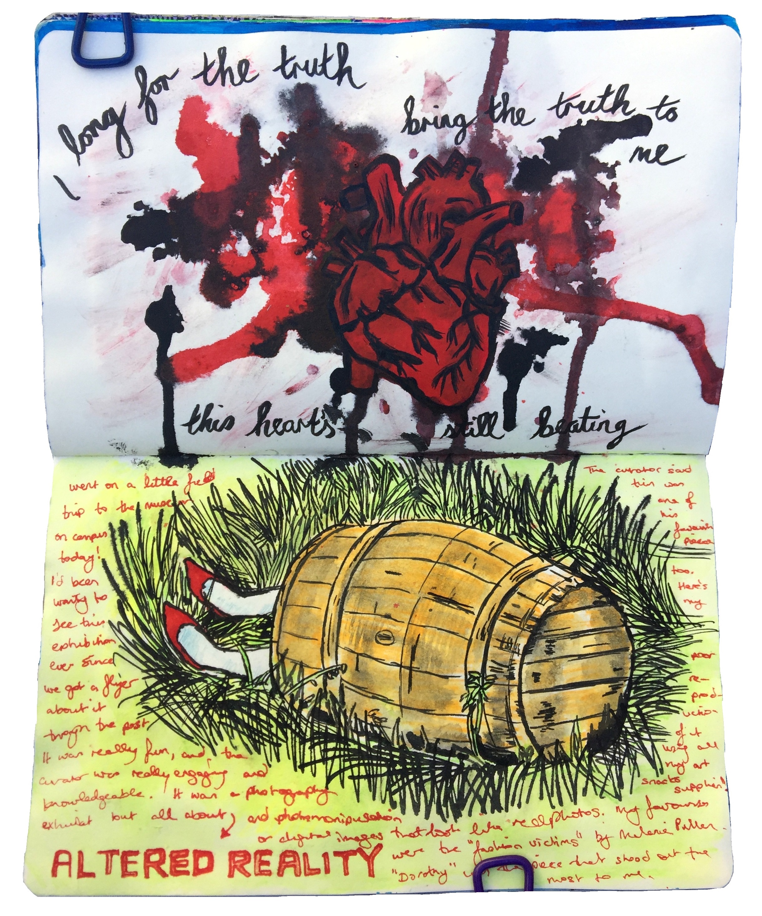 An art journal illustration of a messy anatomical heart with lyrics by Royal Thunder and a drawing of a piece of art by Melanie Pullen that I saw at an Altered Reality photography exhibit of Dorothy with her ruby slippers in a barrel.