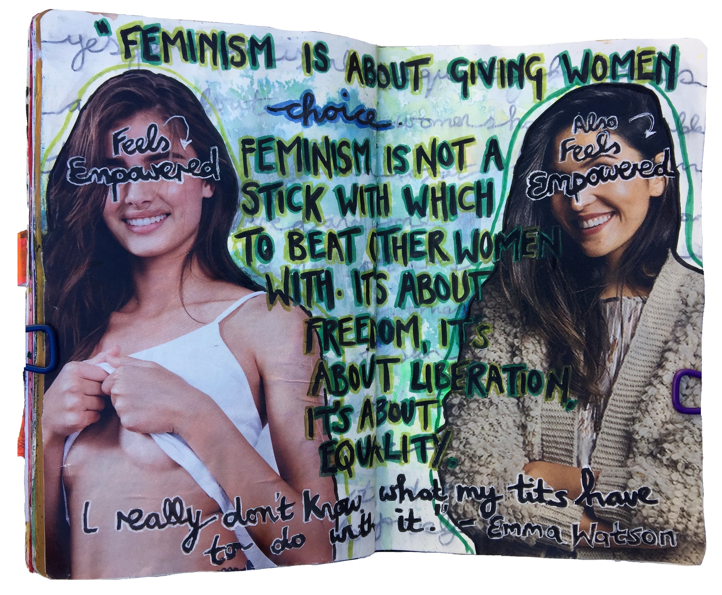 A mixed media art journal collage of an exposed woman and another woman bundled up with a quote by the actress Emma Watson about feminism and choice.