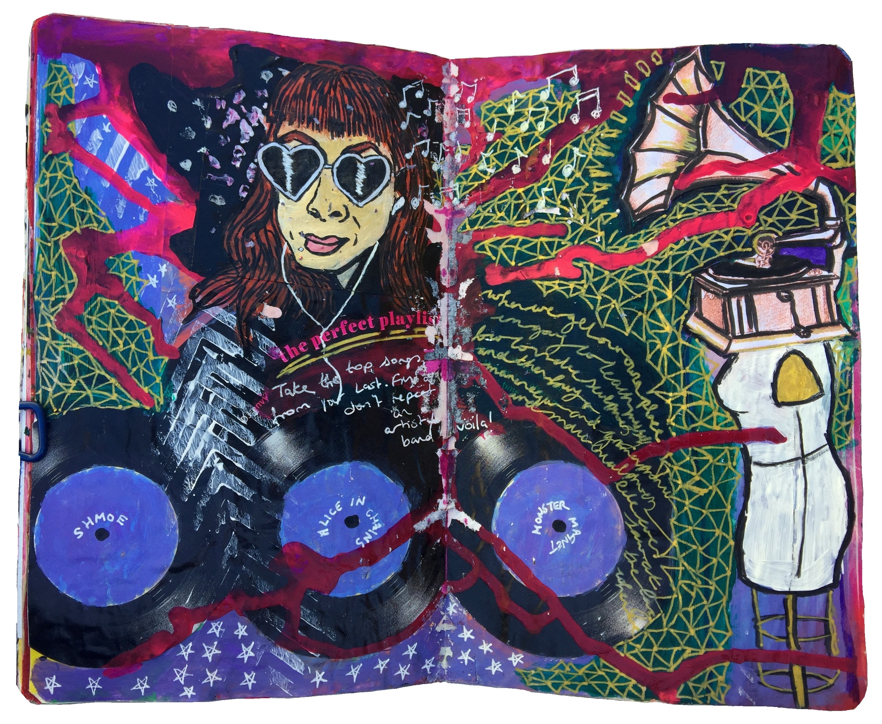 Day 89/365 of Year of Creative Habits. A mixed media art journal collage all about my love for music with a mannequin with a gramophone for a head, vinyl records, and an illustration of a woman in heart shaped sunglasses with headphones an and musical notes surrounding her.