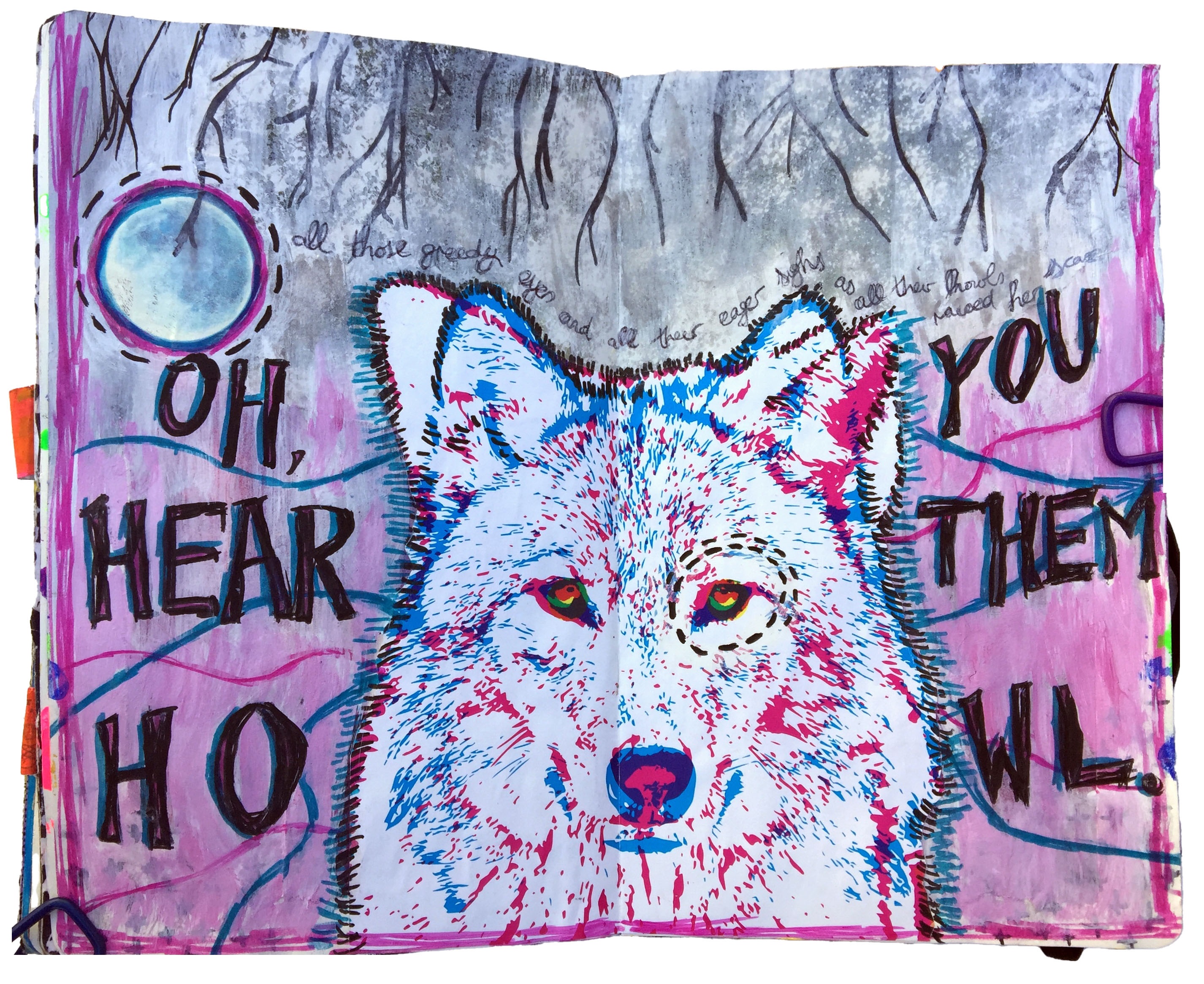 A mixed media art journal page of a wolf in front of a full moon with lyrics from Howl by Greenleaf. The wolf is a found image from a newsletter I got in work.
