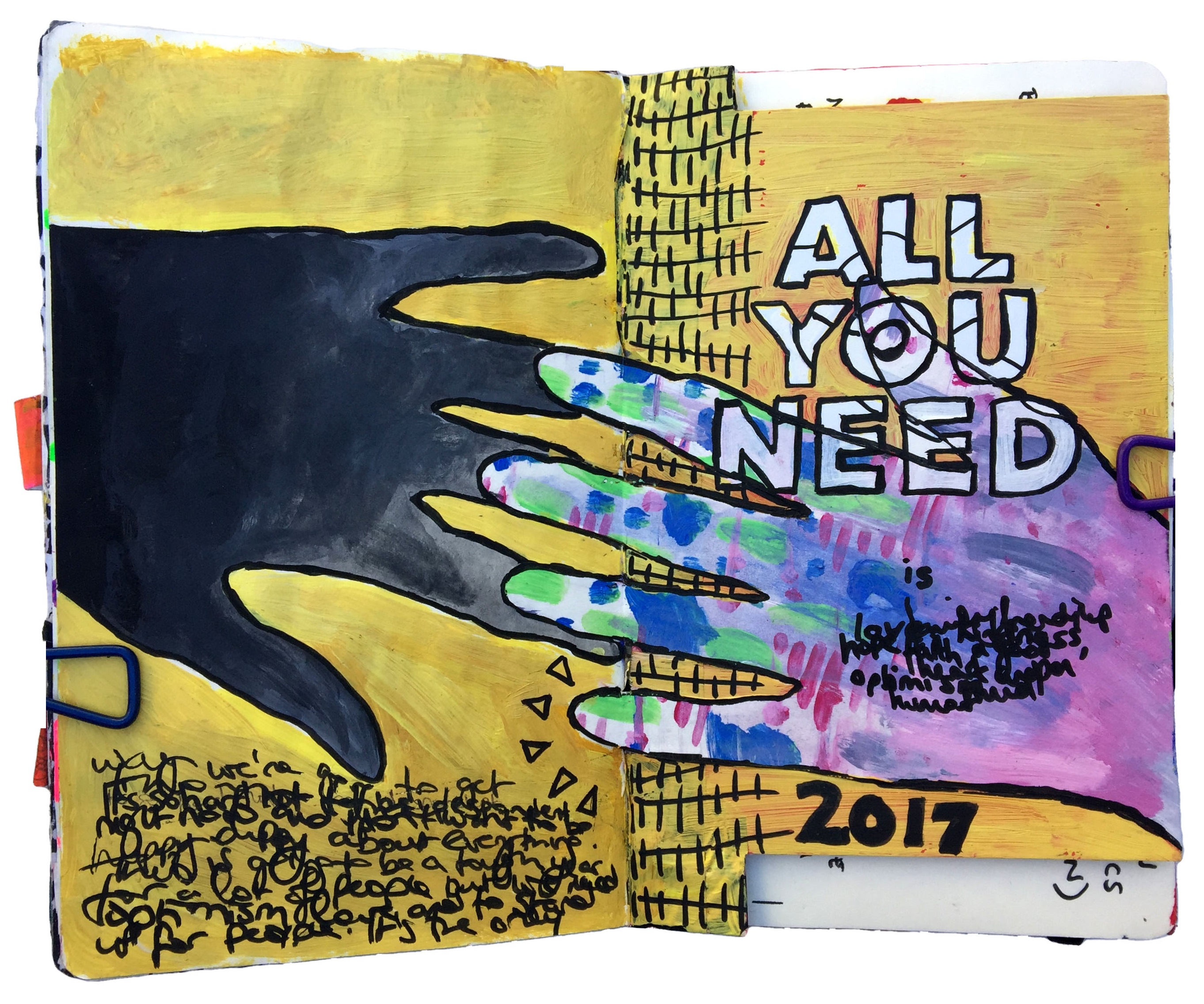 A mixed media art journal page about community from a Get Messy tutorial.