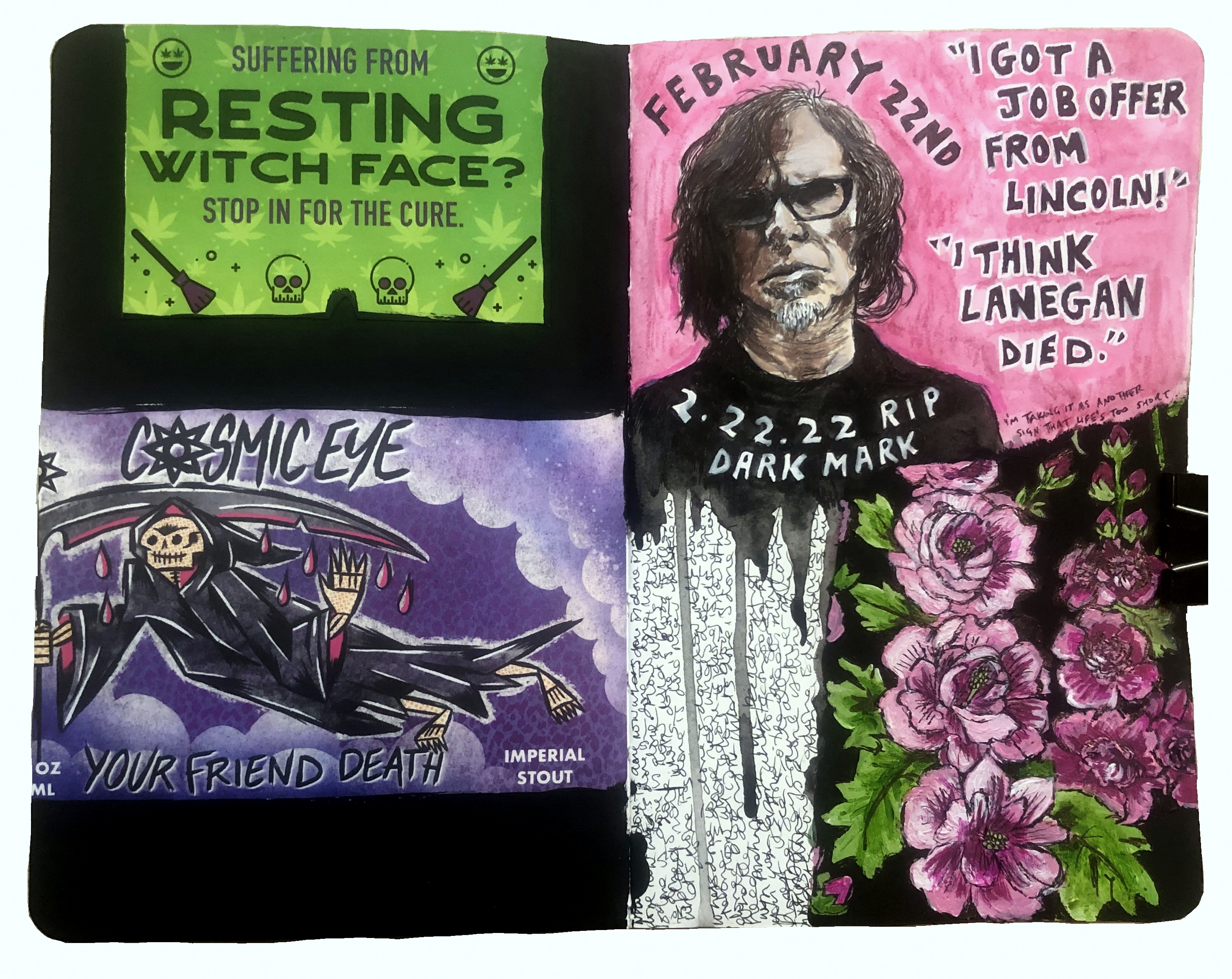 A mixed media art journal page about a job offer and the death of Mark Lanegan with a portrait of him and some flowers from the album Blues Funeral. The opposite page has some ephemera from junk mail and and a beer can with designs I liked.