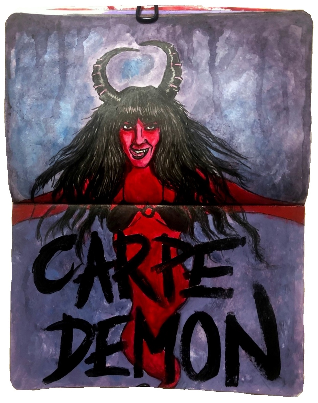 A mixed media art journal spread with an illustration of a horned demon woman licking her lips, with lyrics by Queens of the Stone Age underneath. Reference photo is acidhoneyangel on the Museum by Sktchy app.