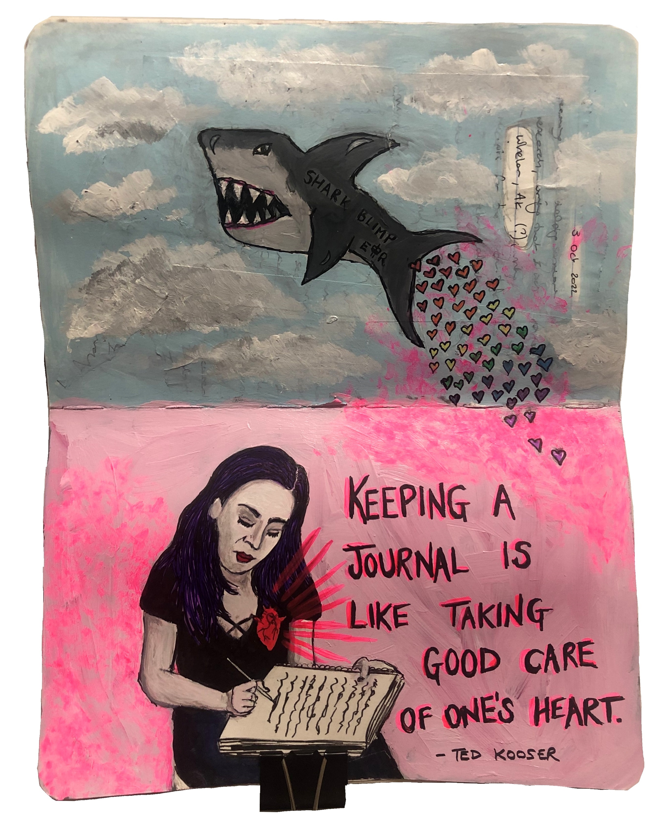 A mixed media art journal page with an illustration of a shark blimp sailing through the sky trailing rainbow hearts, and a woman writing in her journal next to a quote by poet Ted Kooser. Reference photo of the woman was from sarahallyn on the Museum by Sktchy app.