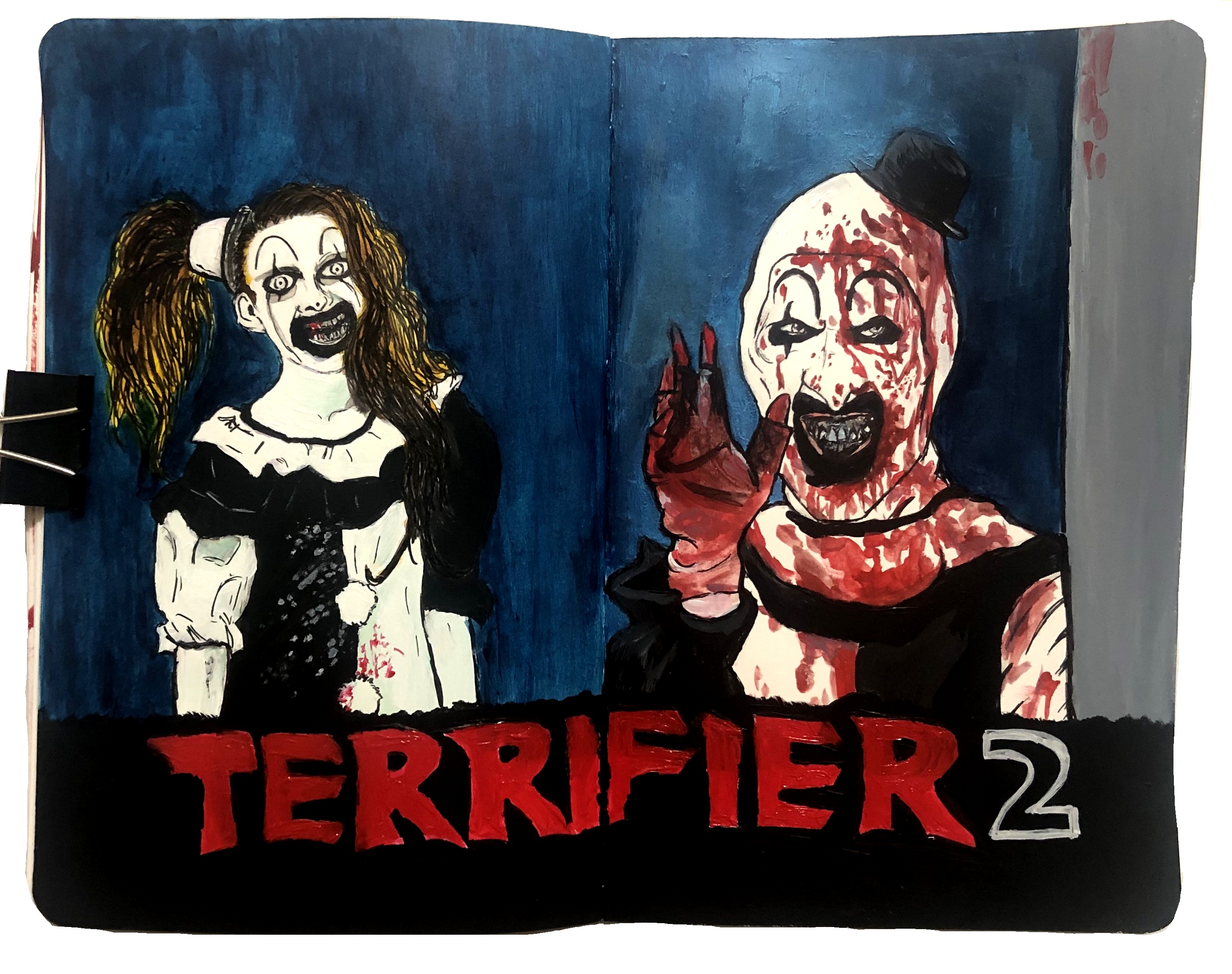 A mixed media art journal page with fan art illustrations of the Little Pale Girl and Art the Clown from the horror film Terrifier 2.