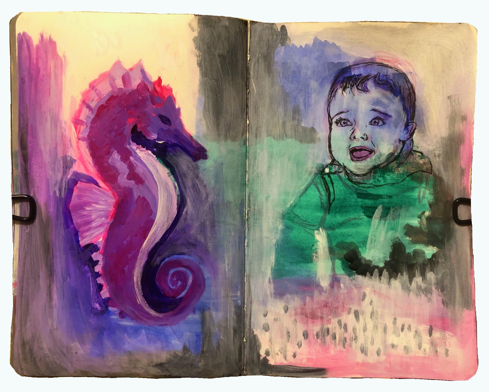 A mixed media art journal spread with a painting of a seahorse and a sketch of my niece. Did not finish this page, but I kind of like the unfinished look on this one.