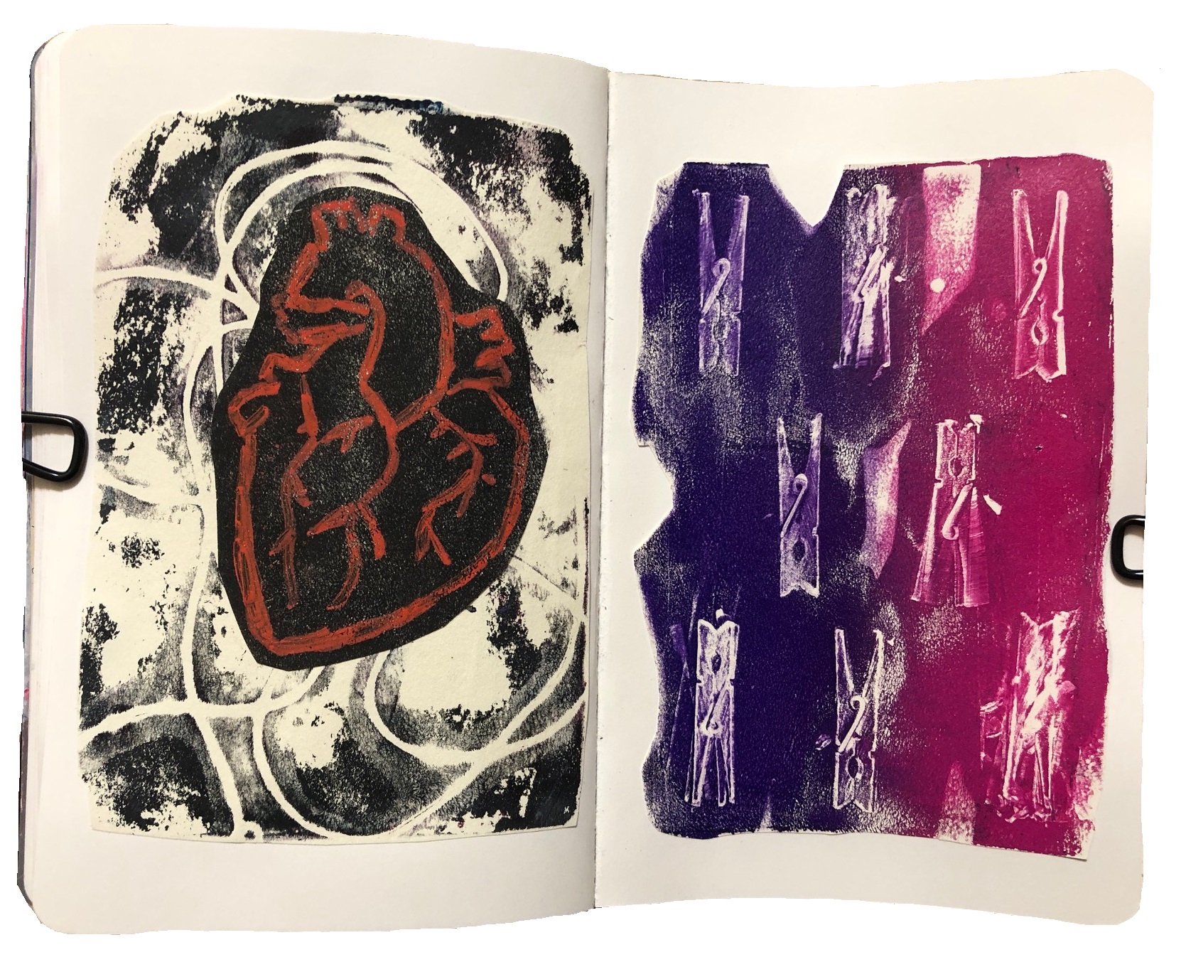 A mixed media art journal page with monoprinting experiments using a gel plate, I used string and clothes pegs.