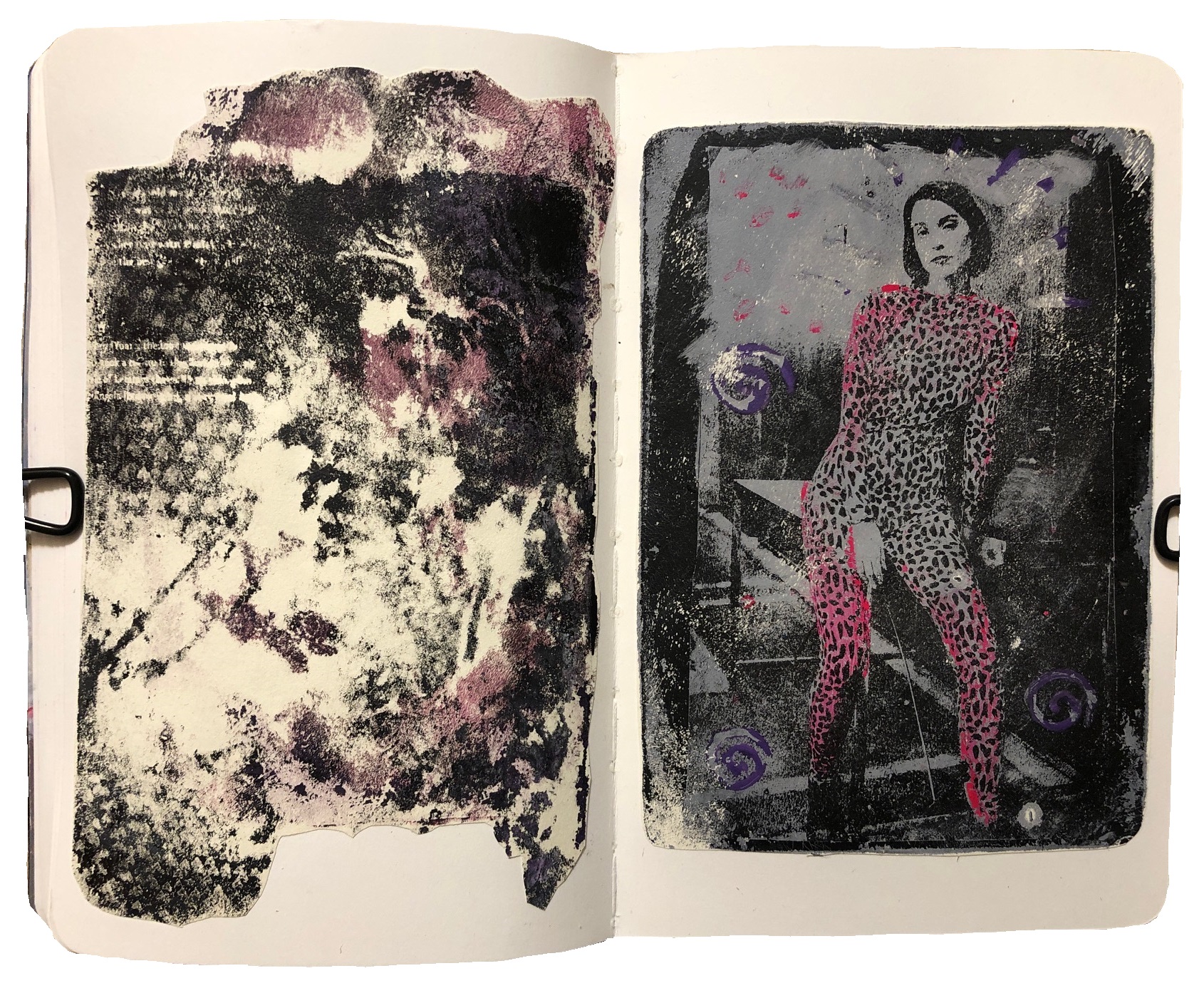 A mixed media art journal page with monoprinting experiments using a gel plate, I tried an image transfer of St. Vincent/Annie Clark).