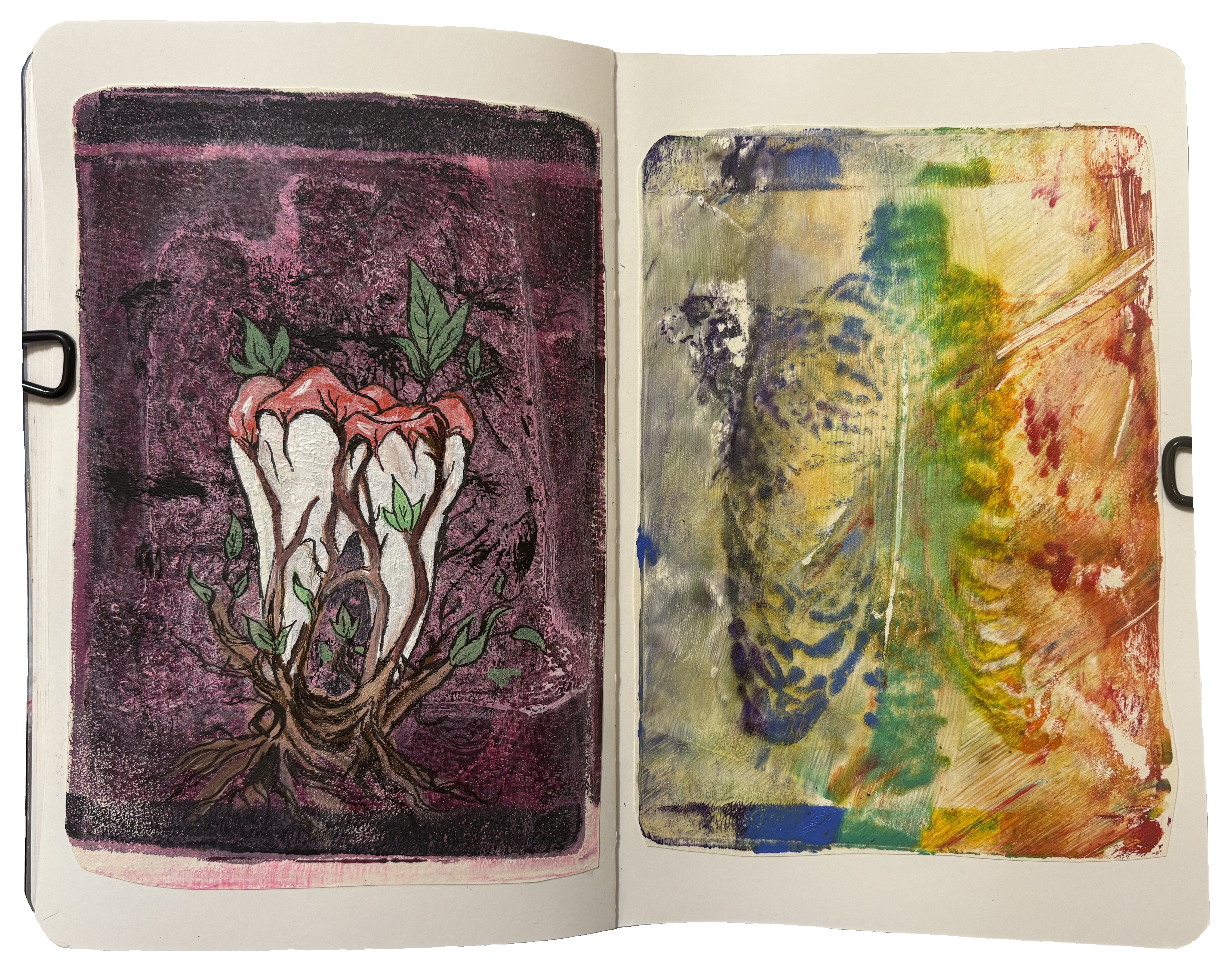 A mixed media art journal page with monoprinting experiments using a gel plate, an illustration of a tooth covered in roots and leaves on the left and rainbow ribs on the right.