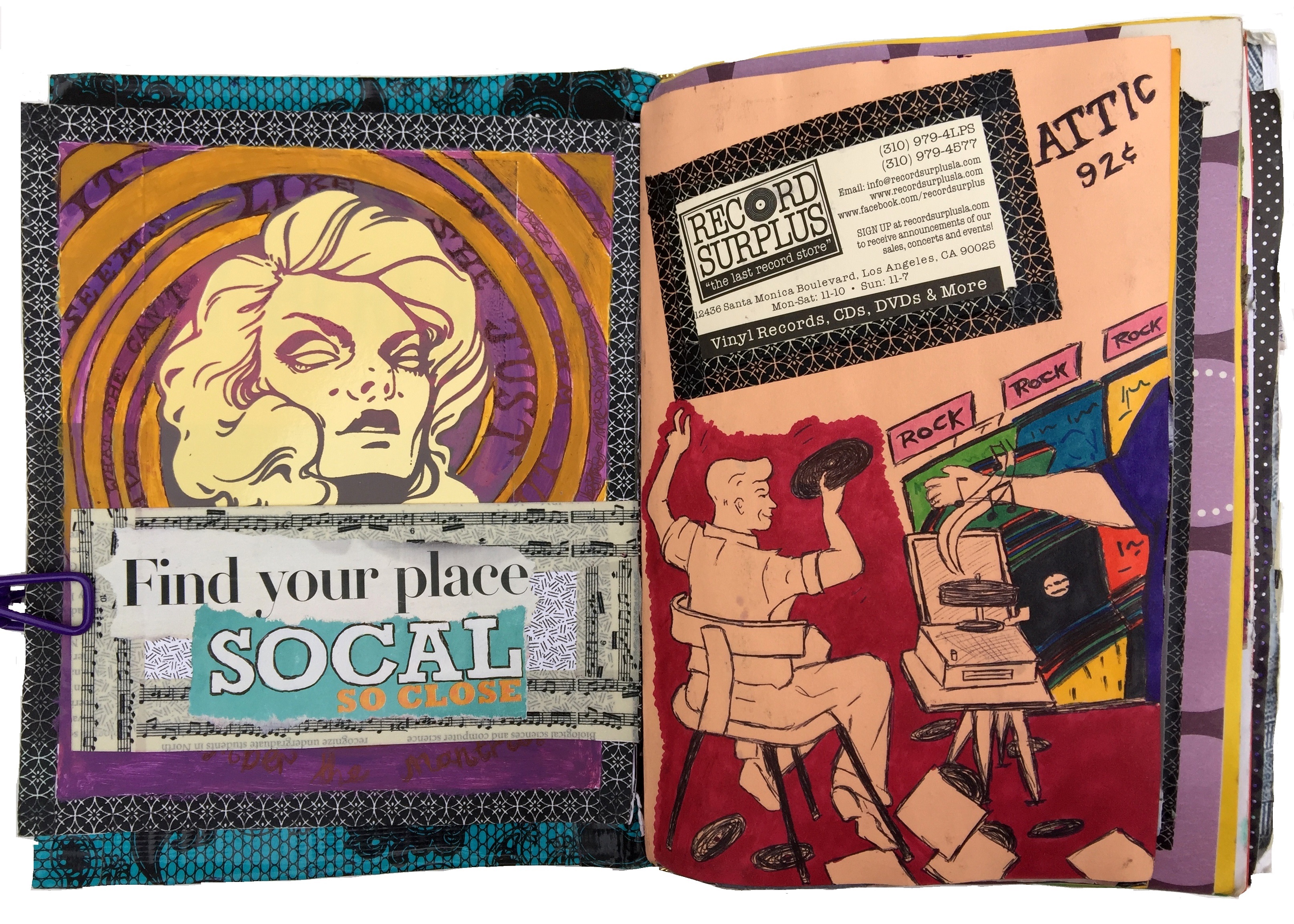 A mixed media art journal illustration of the outside of a record store and my (then) boyfriend looking through records with ephemera, and a sticker by TFail (RIP).