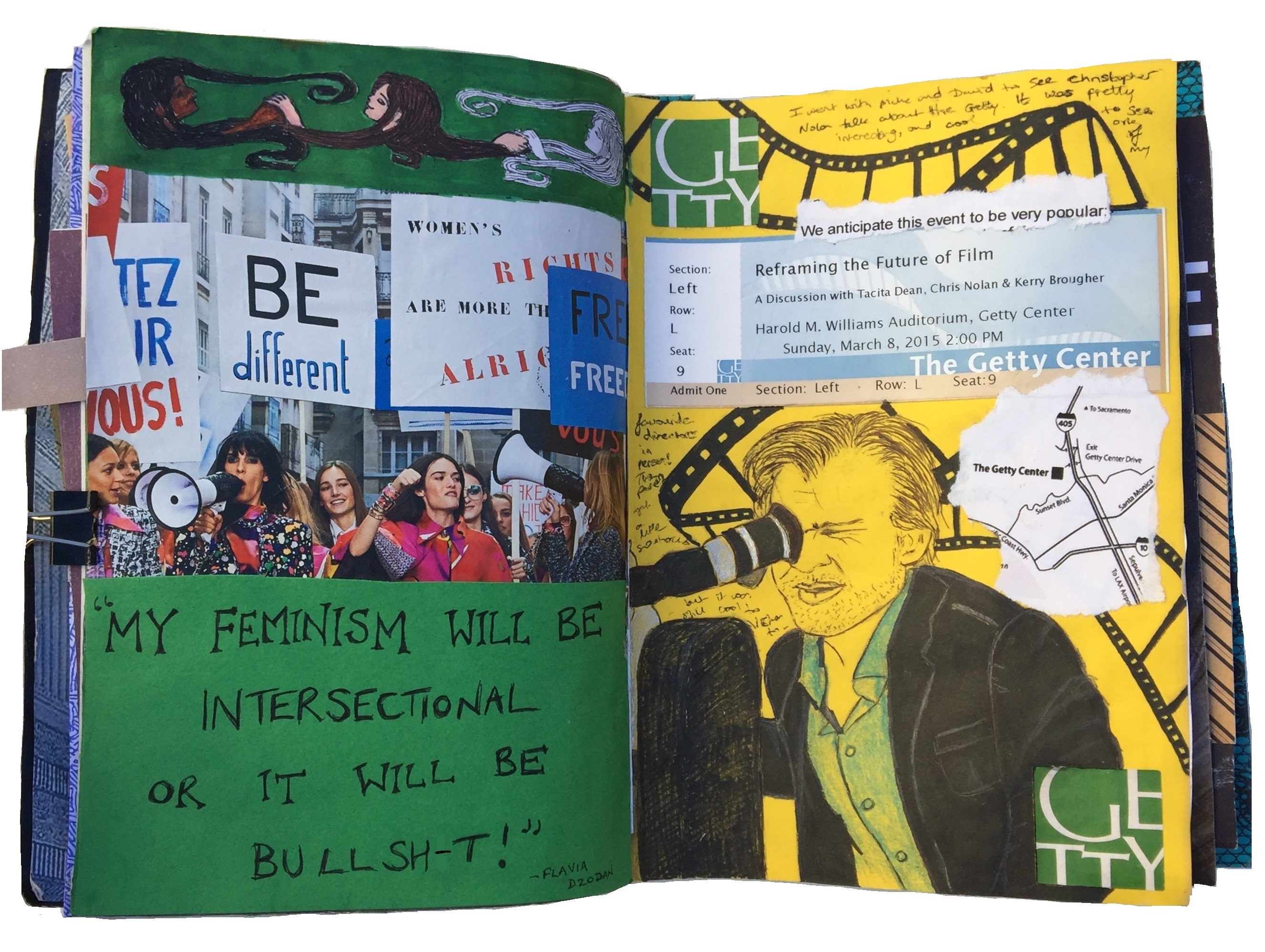 A mixed media art journal collage of women protesting with a quote about intersectional feminism by Flavia Dzodan and a drawing of Christopher Nolan after seeing him talk at the Getty Museum.