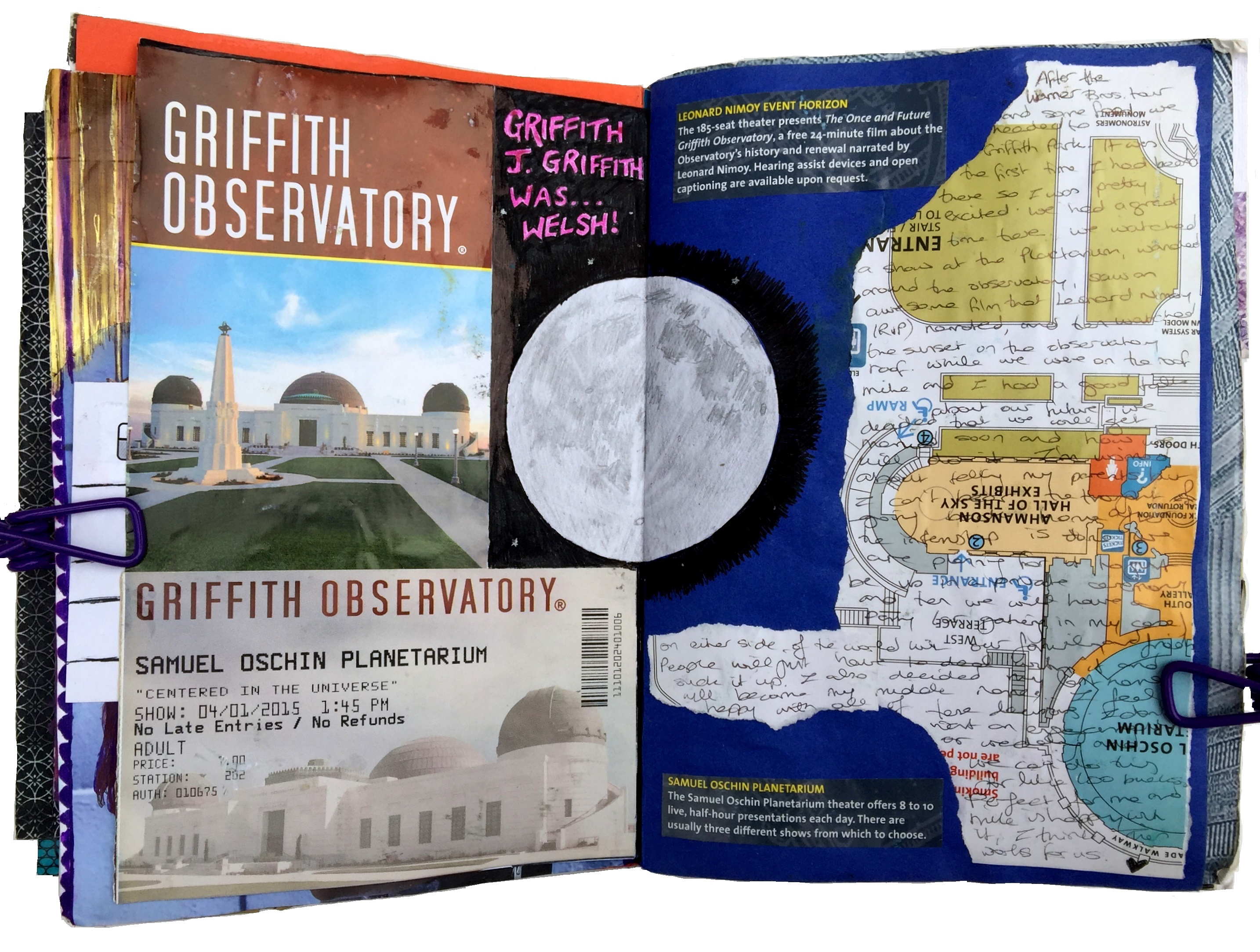 A mixed media art journal collage of ephemera from the Griffith Observatory in Los Angeles with a drawing of the moon.