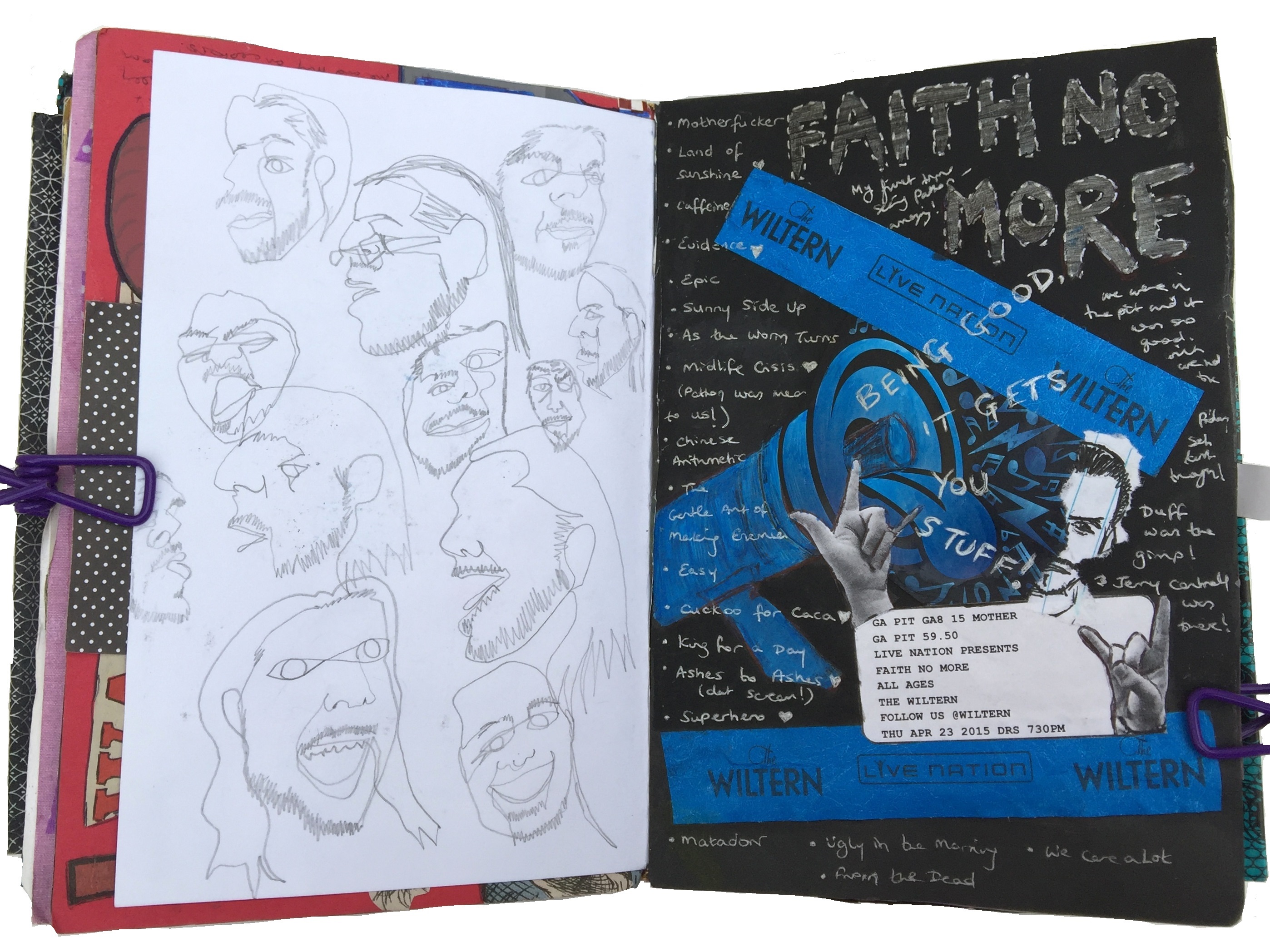 A mixed media art journal illustration of blind contour drawings of my husband and a collage of ephemera from a Faith No More concert I attended.