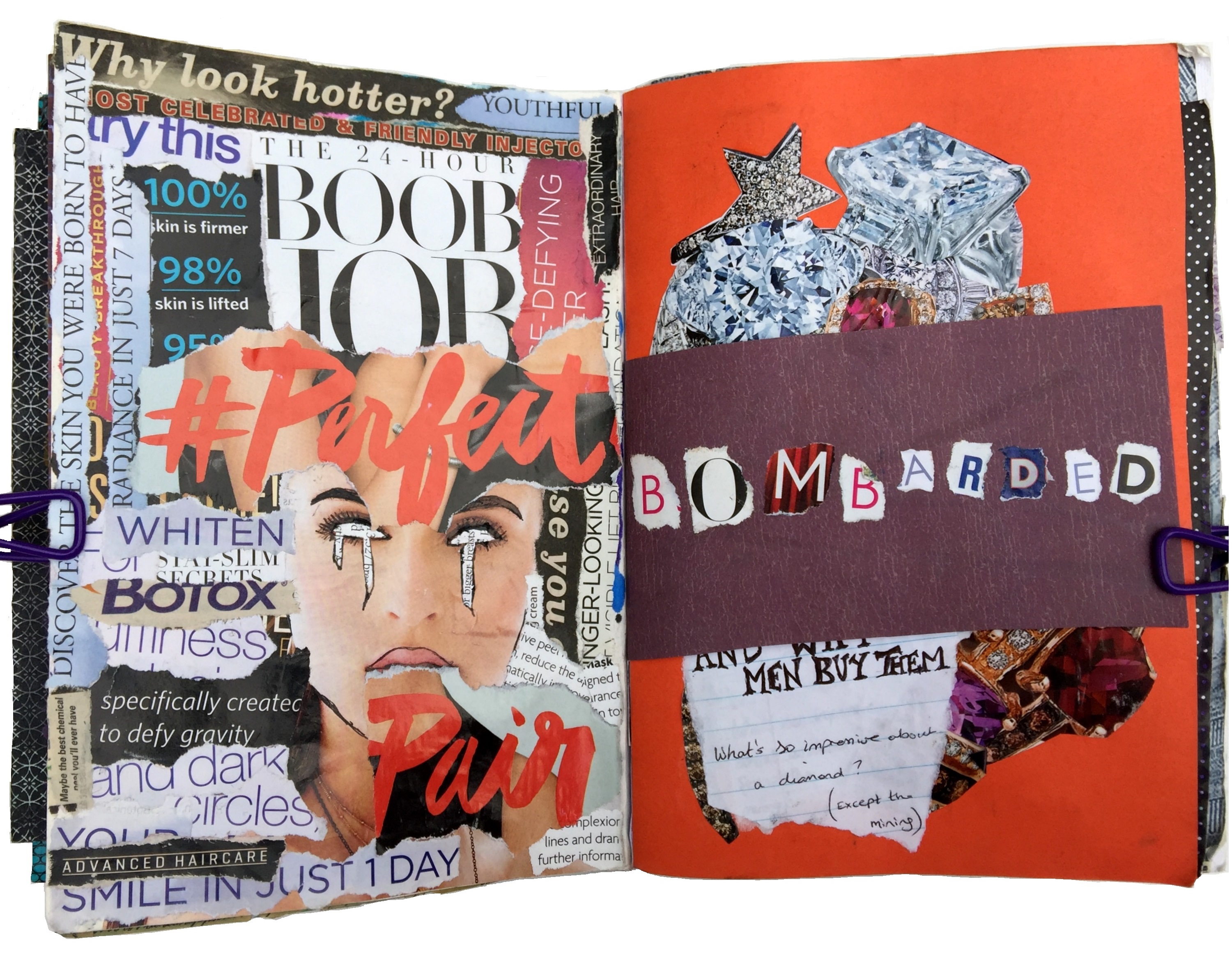 A mixed media art journal collage about body image and being bombarded with negativity through advertisements.