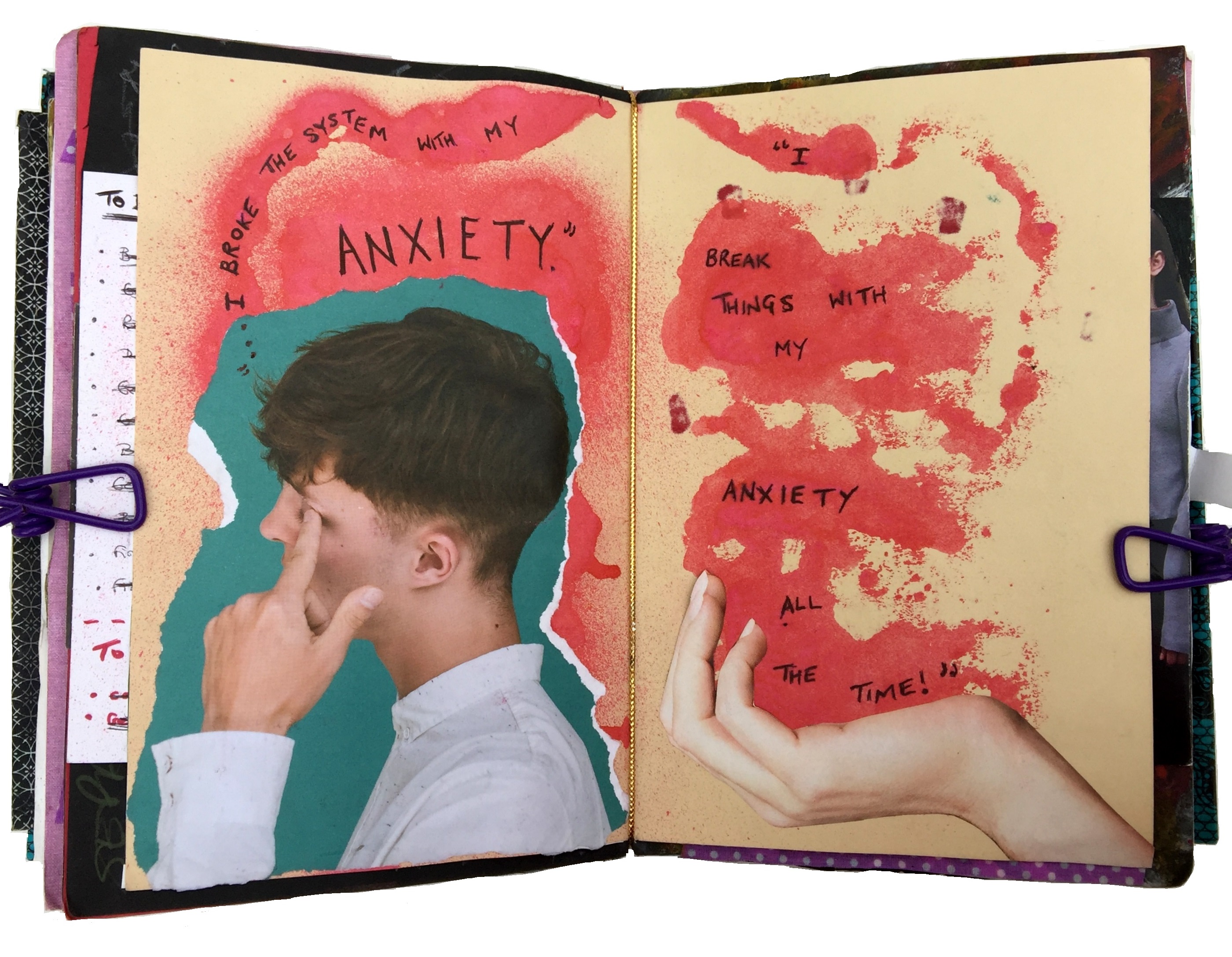 A mixed media art journal collage of a man looking upset and sprayed paint coming out of a hand into his head with quotes about anxiety.