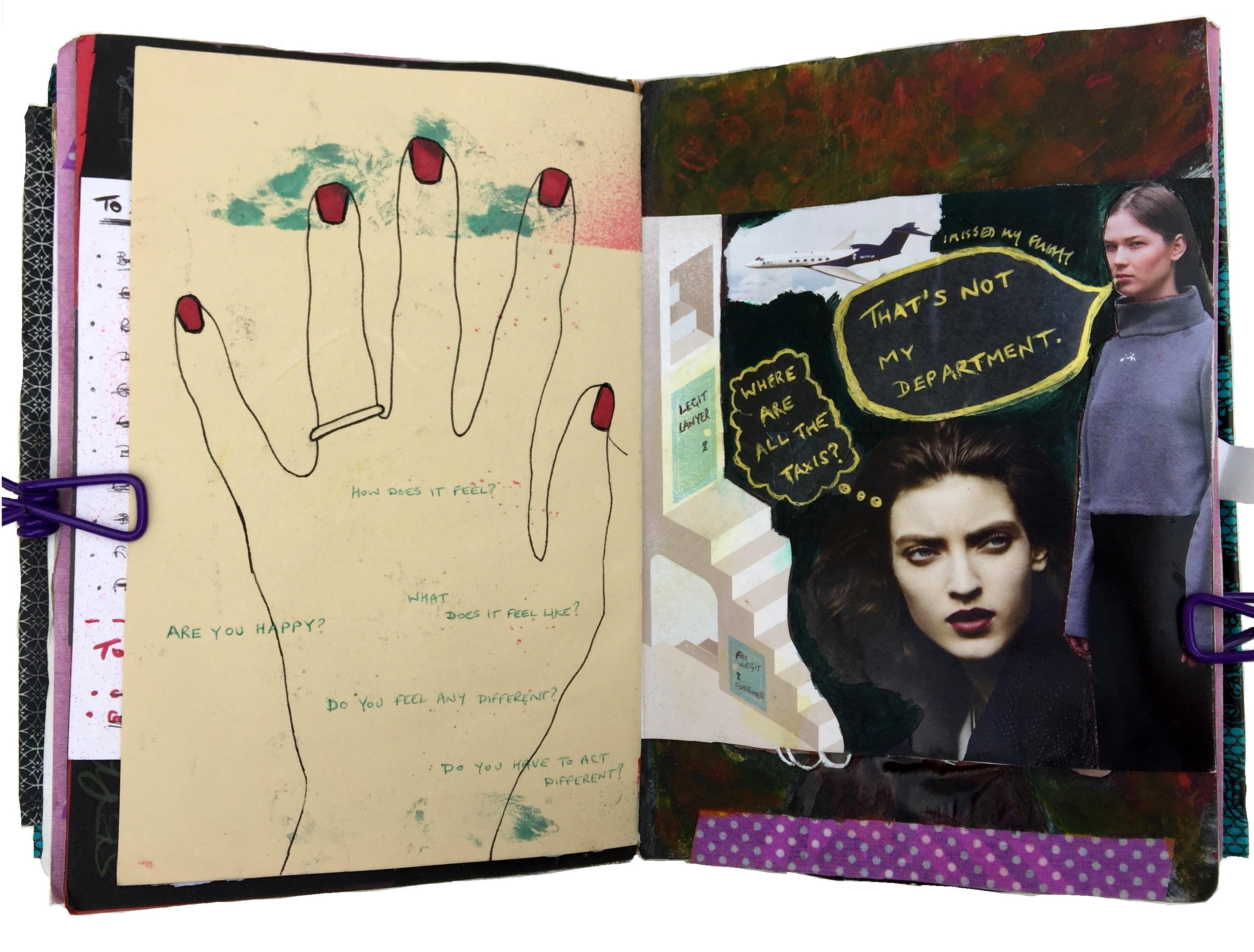 An art journal illustration of my hand with a wedding ring and all the questions people asked me  after getting married, and a mixed media collage about a surreal dream I had.