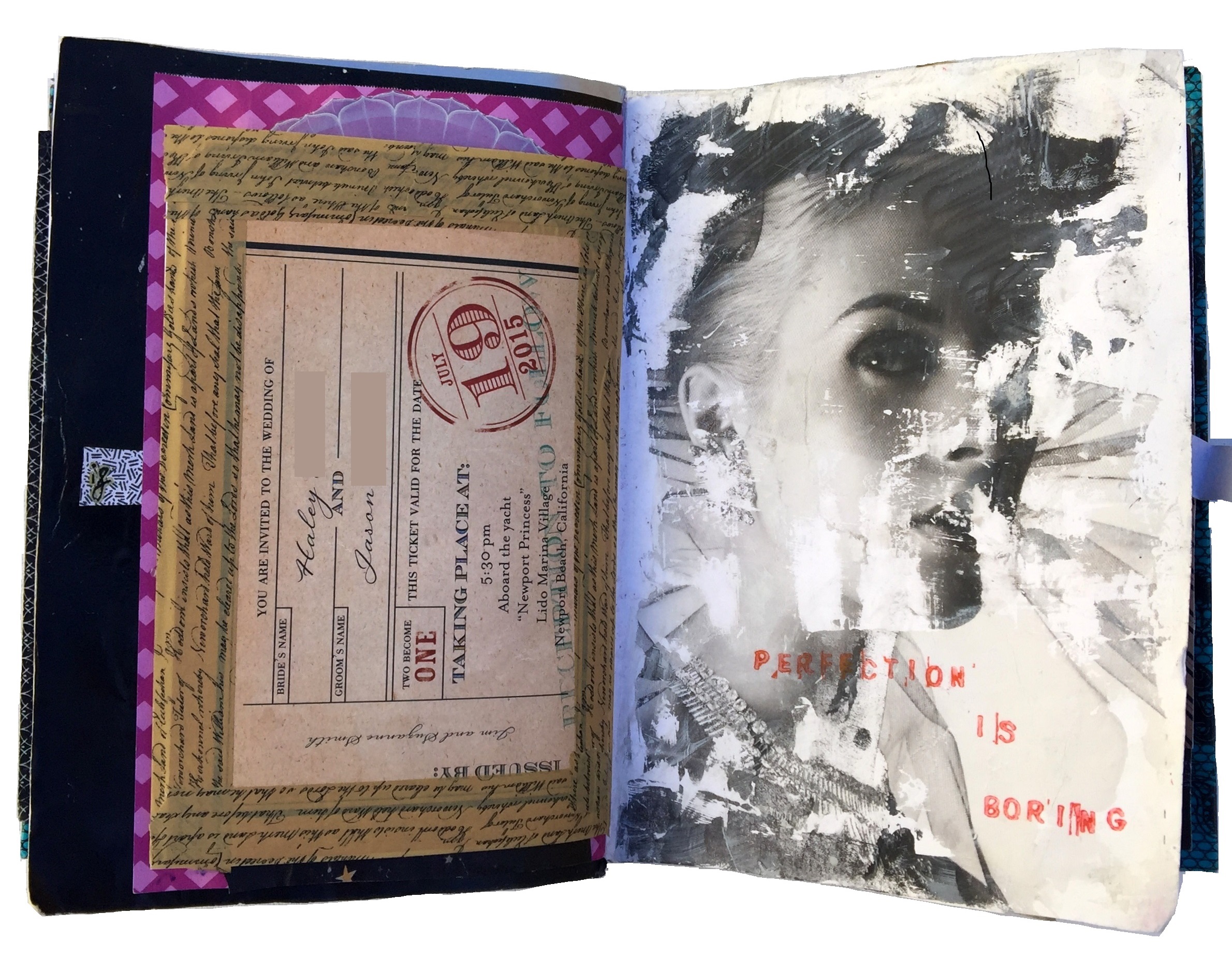 An art journal page of a failed image transfer of a woman with the words perfection is boring.