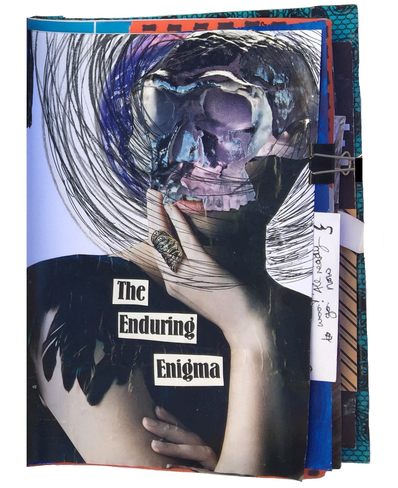 A mixed media art journal collage of a woman with a crystal skull for a head contemplating mortality.