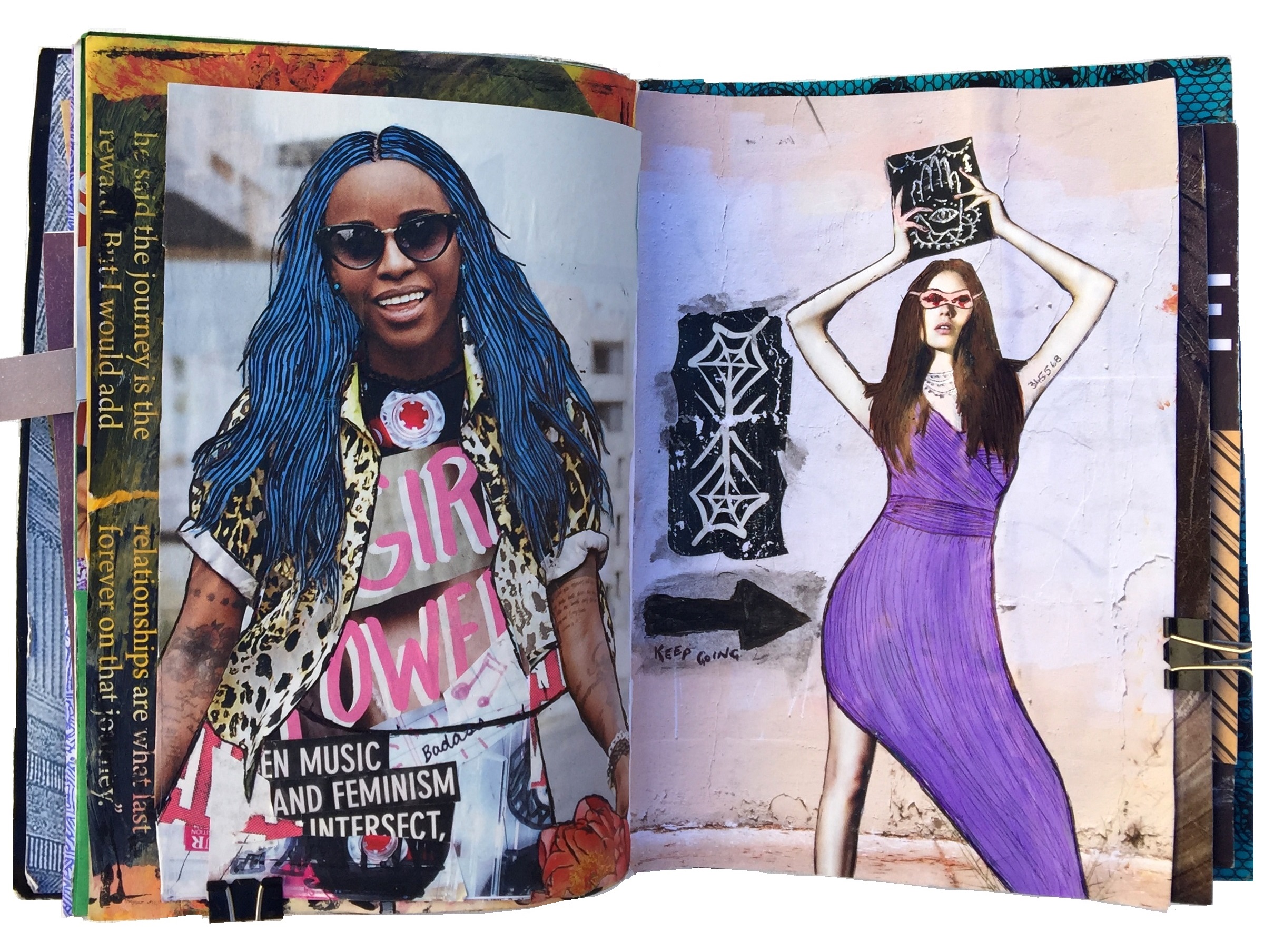 A mixed media art journal collage of a blue haired woman wearing a feminist shirt and a woman wearing a mask made of wounds and holding an occult book from a weird dream I had.