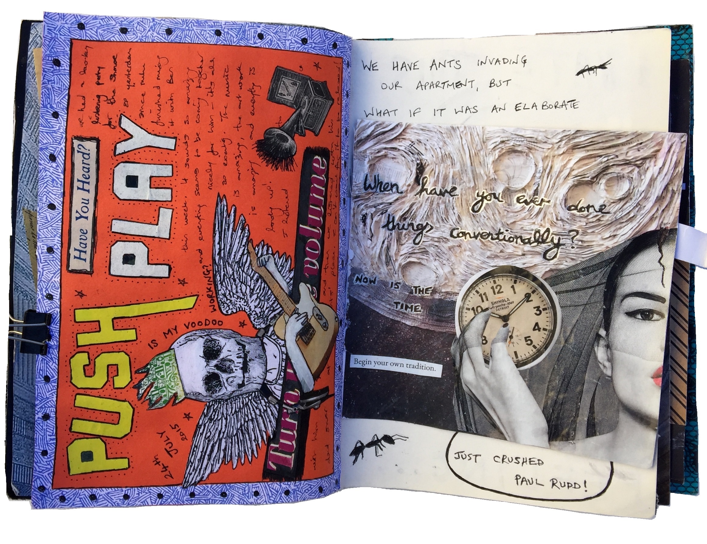 A mixed media art journal collage of a skull in a crown playing guitar with thoughts on music and a collage of a woman in a veil holding a clock in front of the moon with thoughts on conventionality.