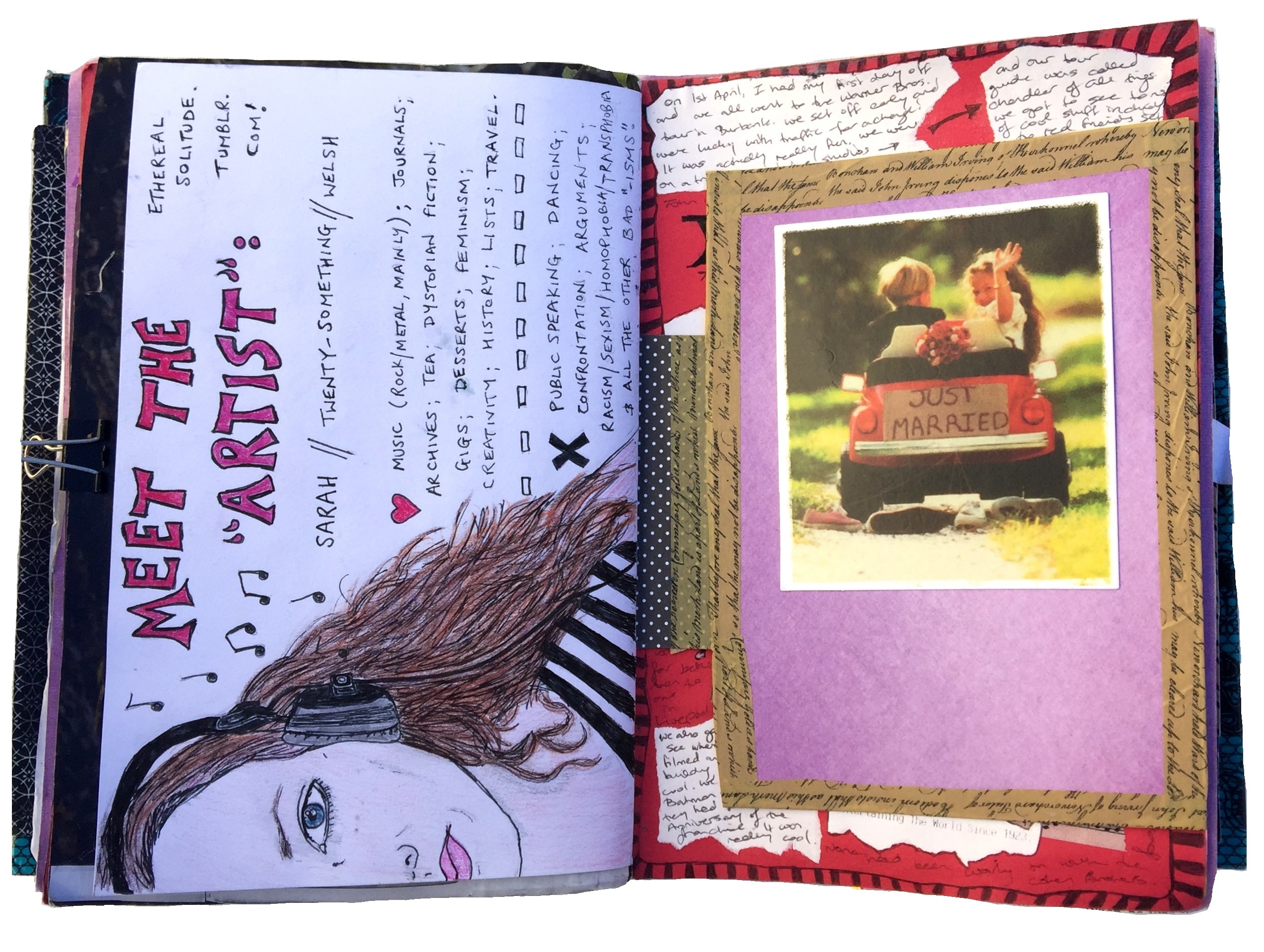 A mixed media art journal illustration of myself listening to music for meet the artist with information about myself and a wedding card from friends.