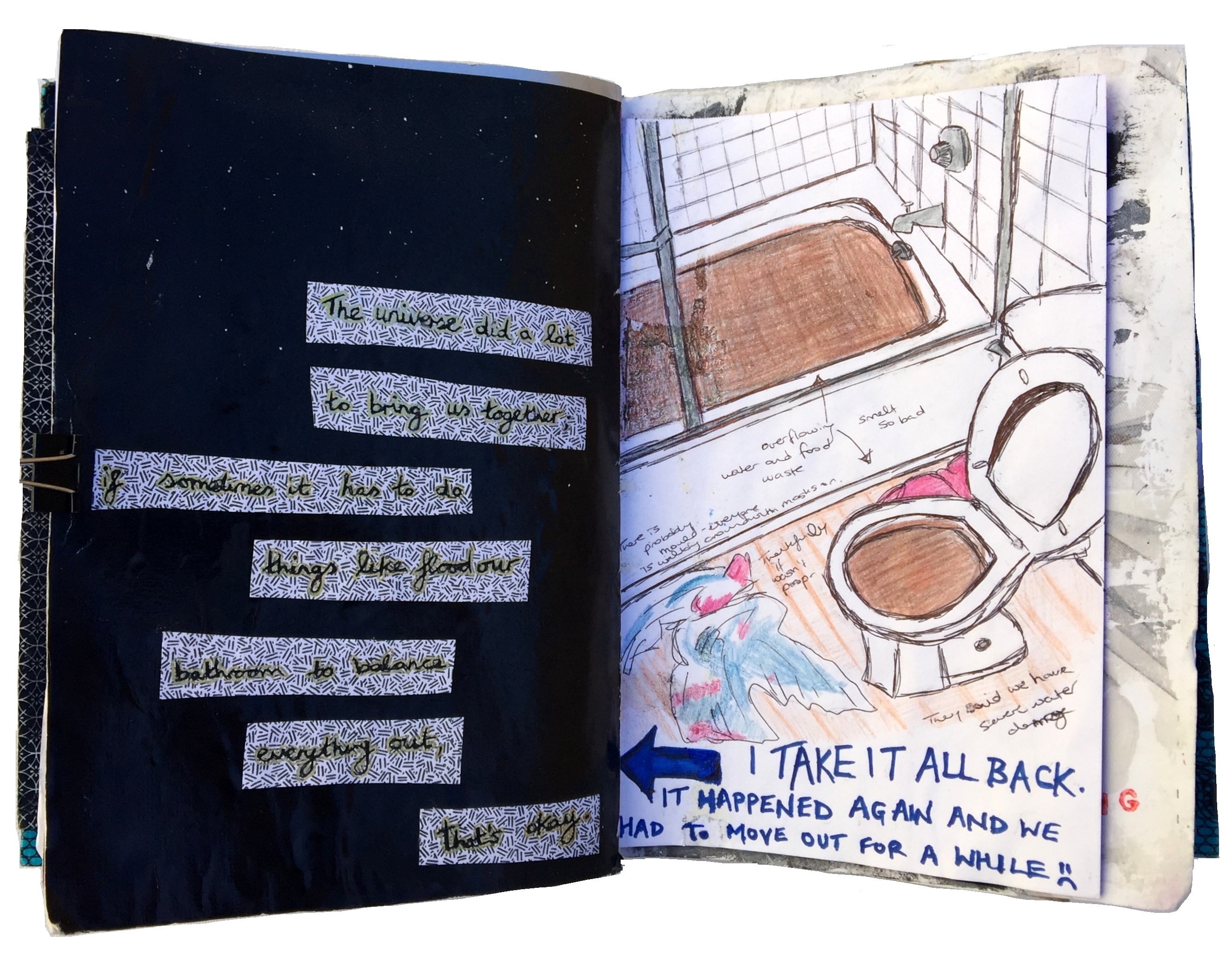 An art journal collage and illustration about our apartment flooding.