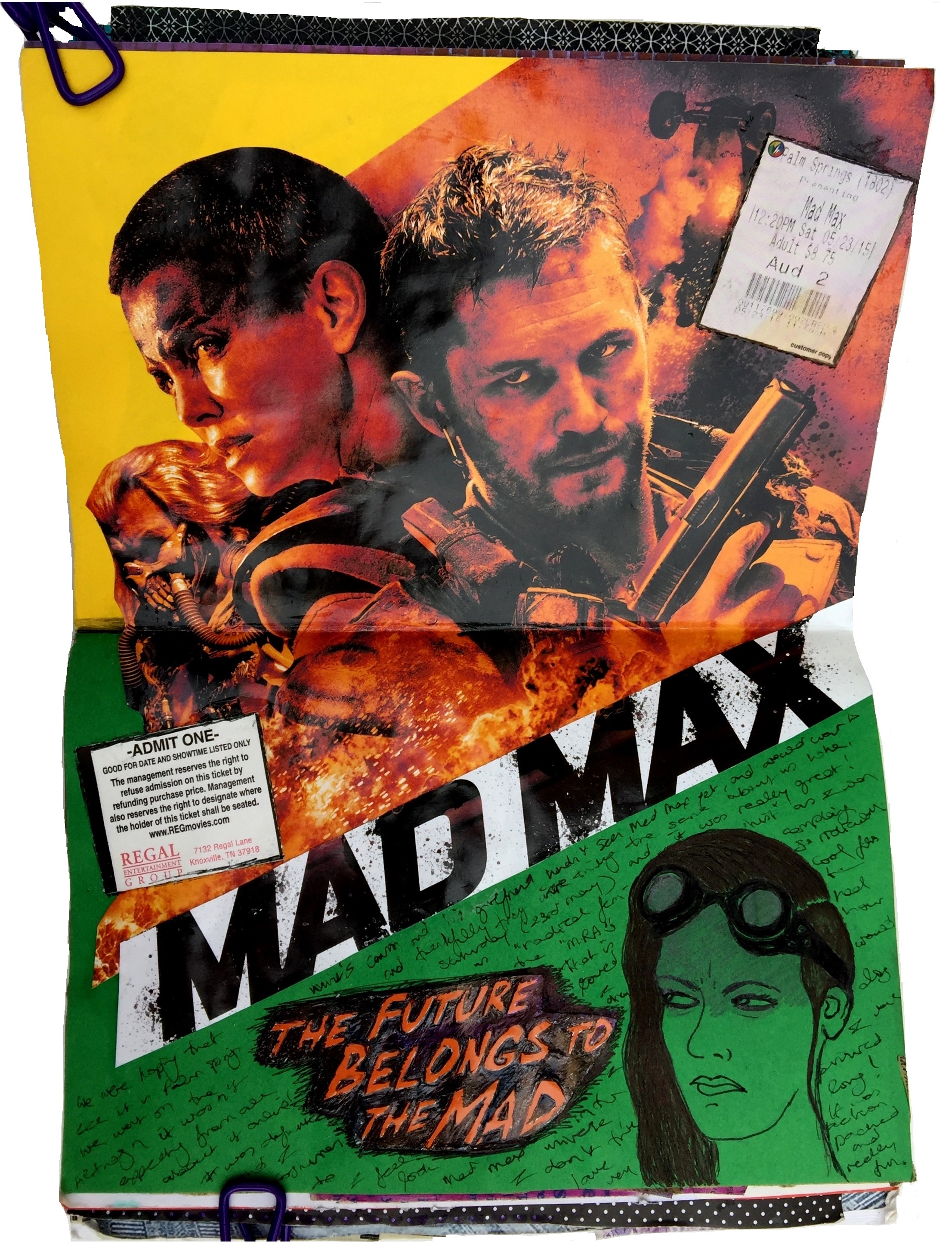 A mixed media art journal collage of the film Mad Max with an illustration of what I would look like in the universe.