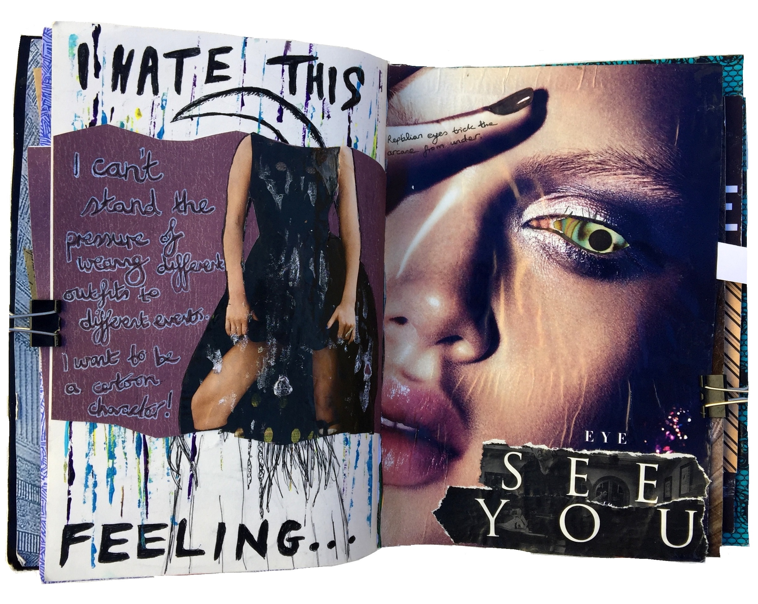 An art journal collage about the pressure around wearing different clothes for different events and an interactive collage based on a High on Fire song.