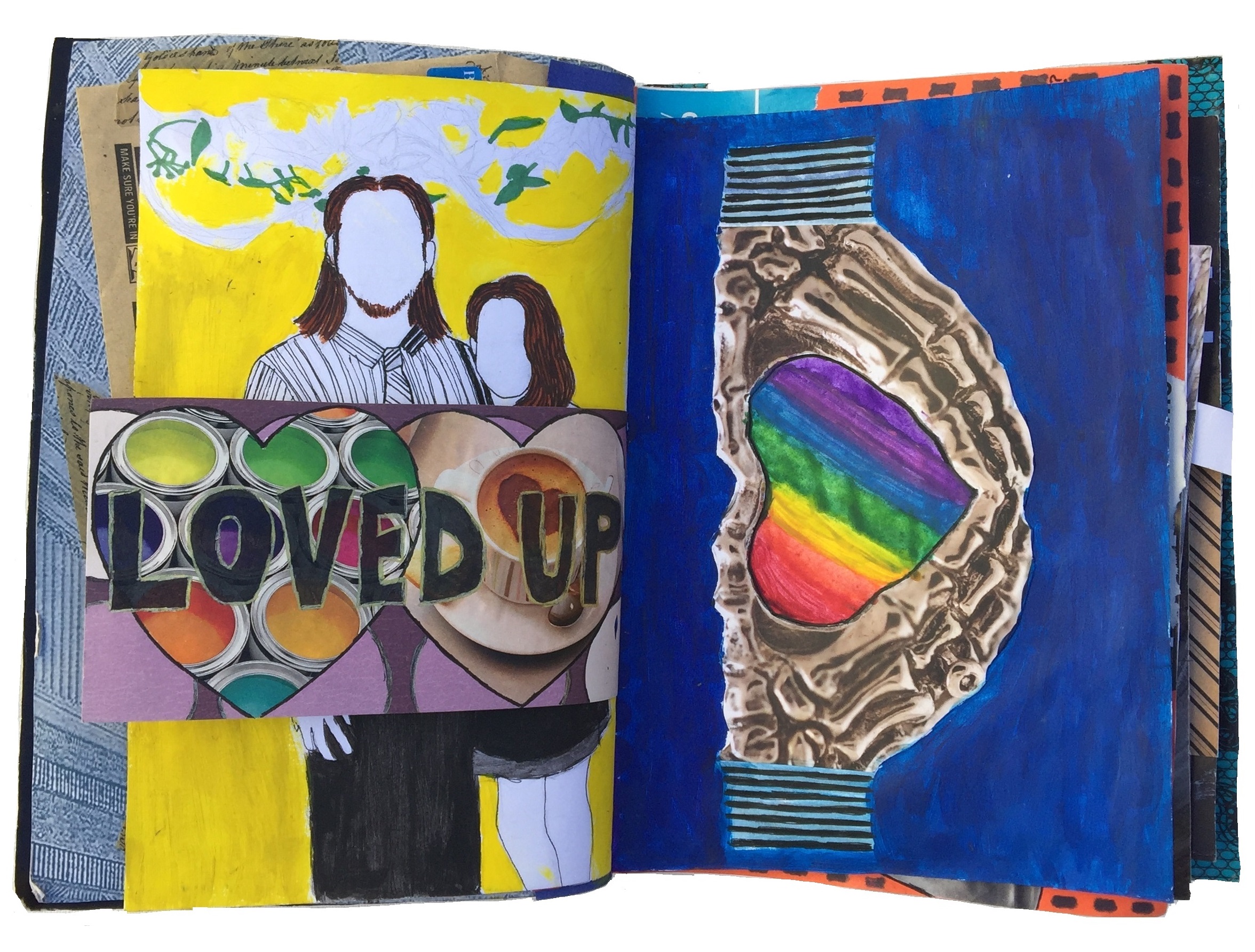 A mixed media art journal collage about being loved up and a rainbow heart to commemorate same sex marriage becoming legal.