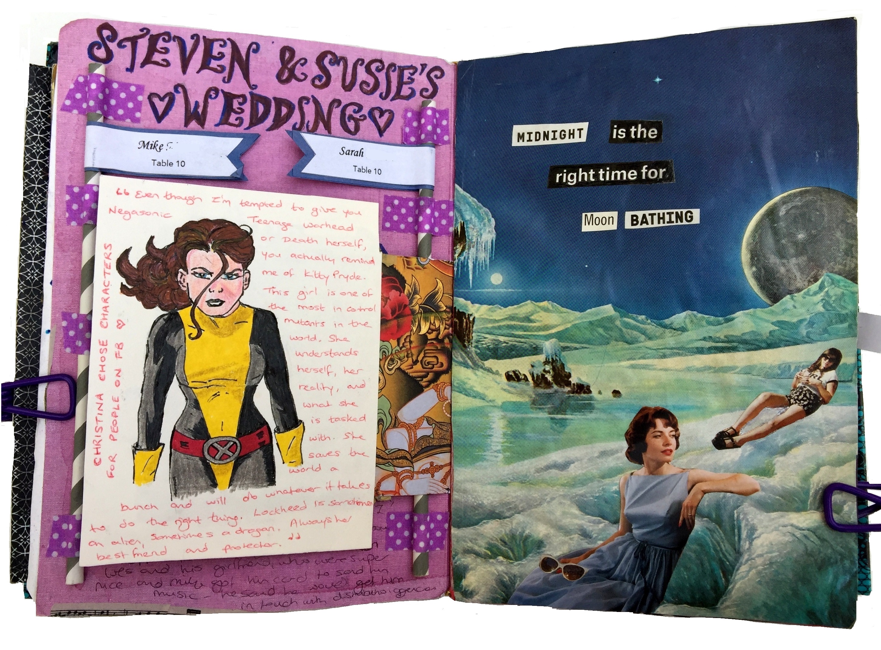 A mixed media art journal illustration of Kitty Pryde from X-Men, a page (behind) about a wedding, and a collage of women moon bathing on a distant planet.