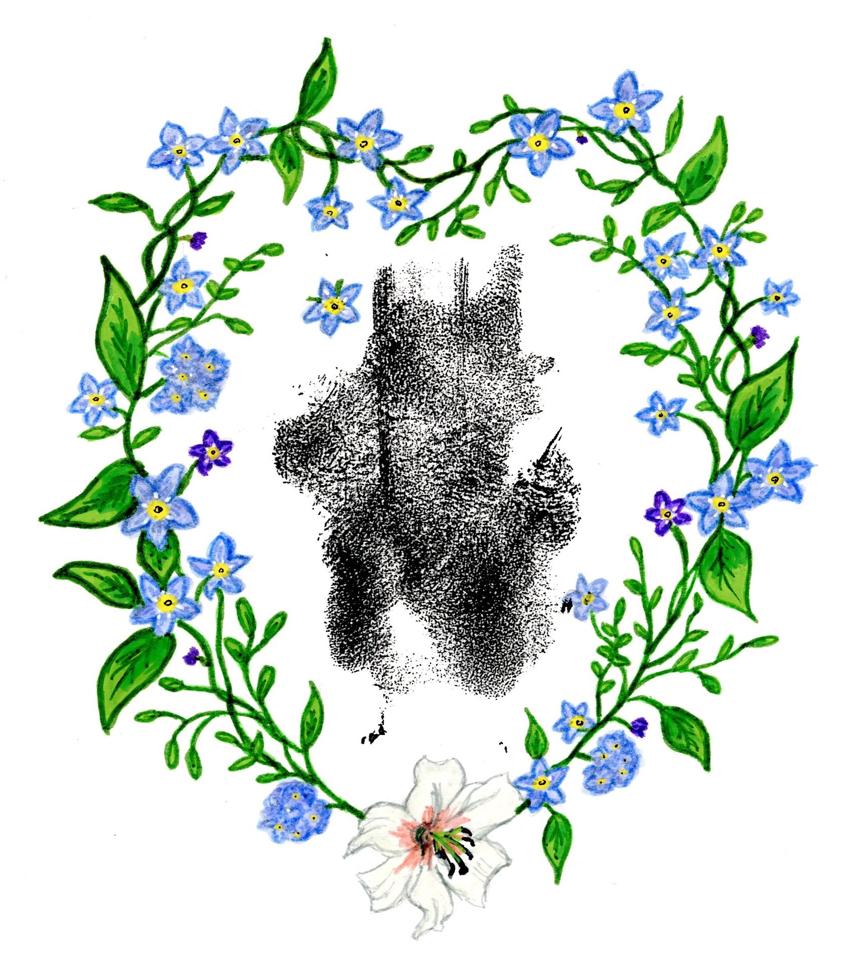 A floral illustration around a paw print in tribute to Peaches, one of my favorite dogs. Created with acrylic markers and ink.