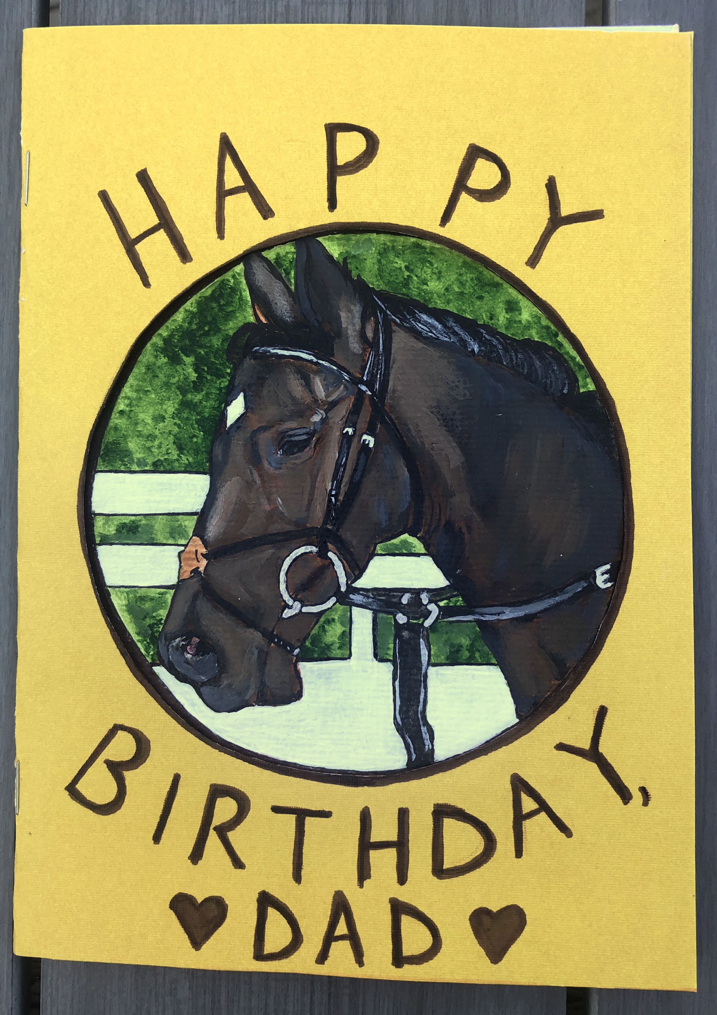 A card I made for my dad's final birthday with a painting of a racehorse that he had a share in, I created the card with watercolors, ink, and acrylic paint.