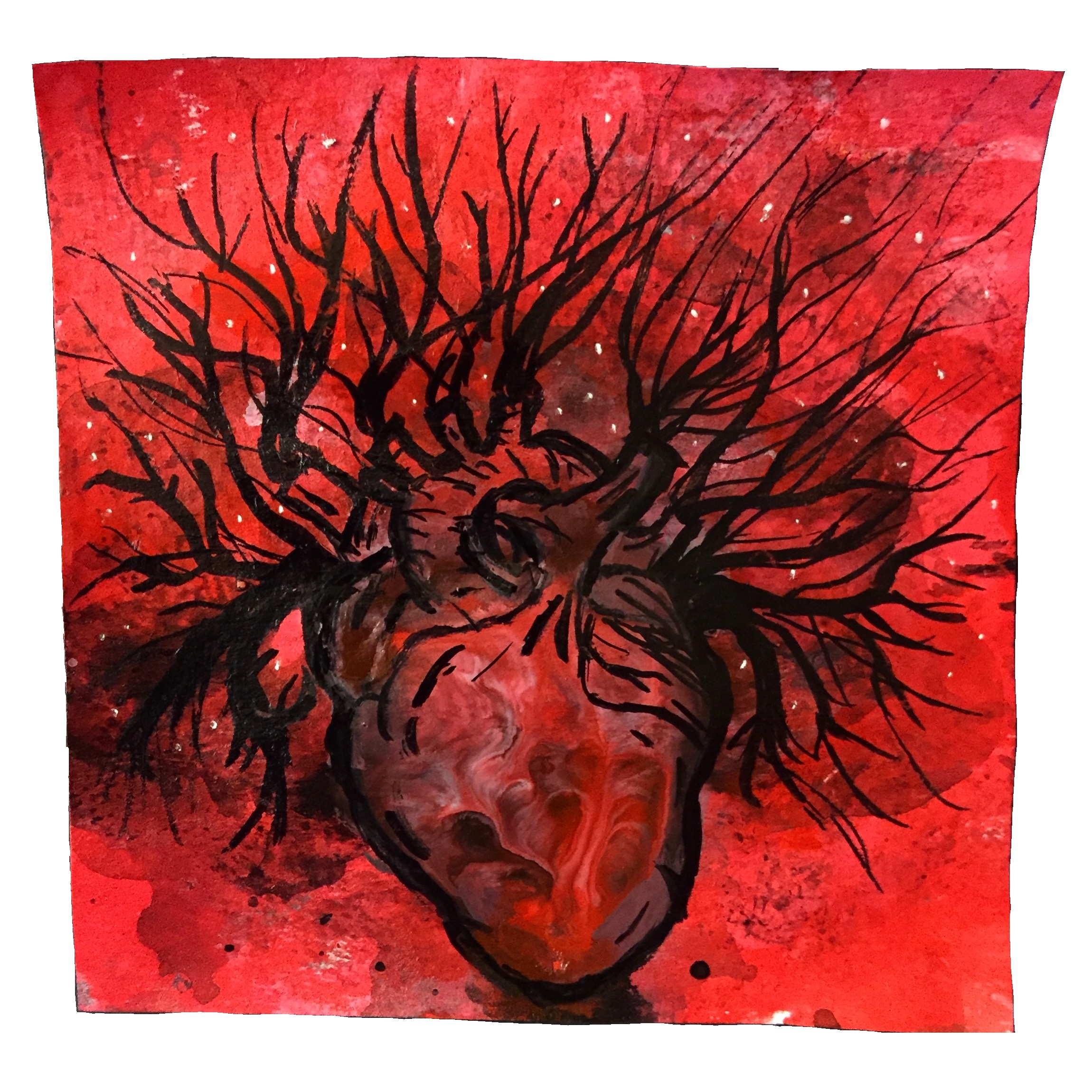 Day 66/365 of Year of Creative Habits. A mixed media post-it note illustration of an anatomical heart with roots; the page was created with ink and acrylic paint for Year of Creative Habits (framed it for my husband instead of sticking it in my art journal).