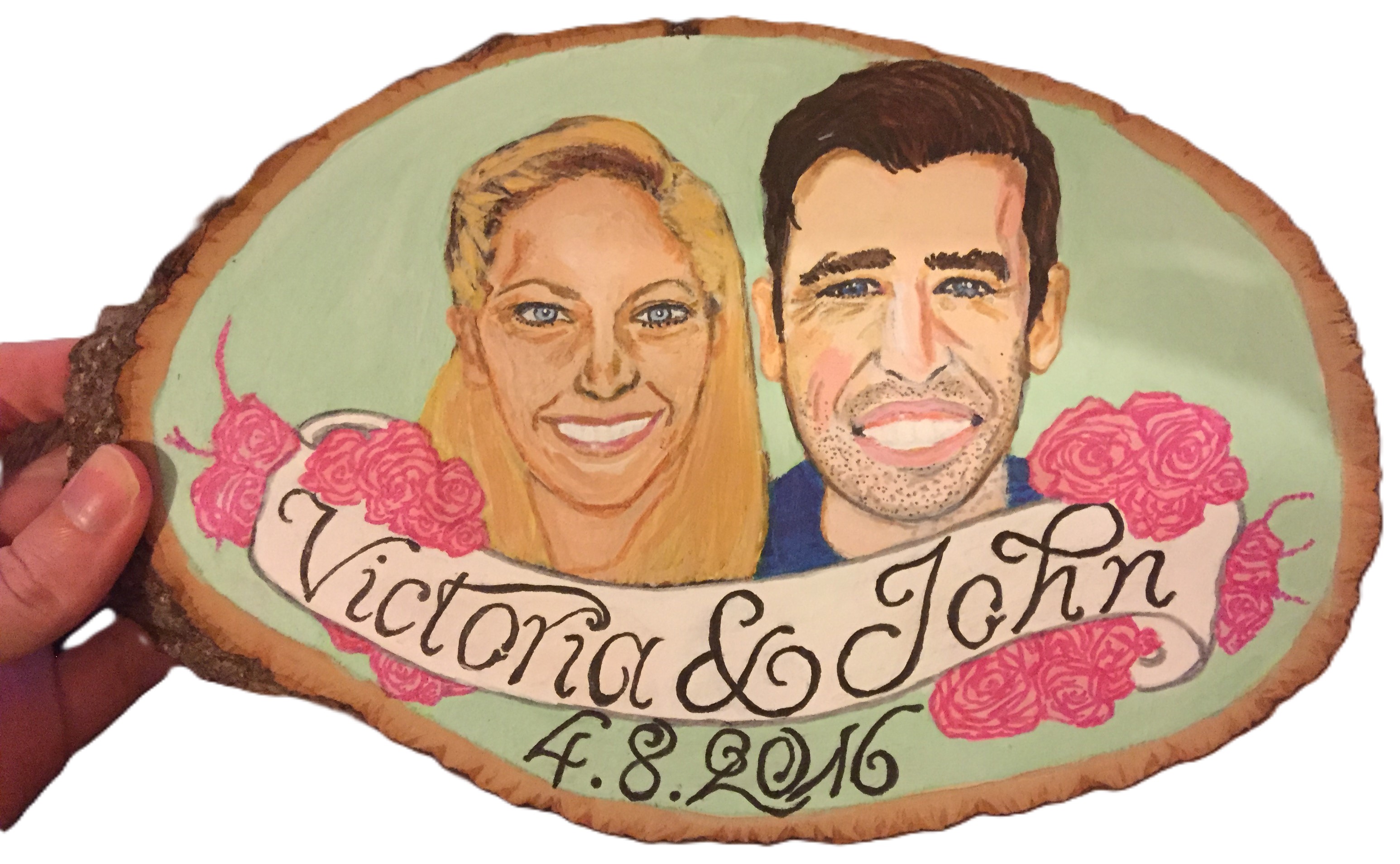 A painted portrait of a couple on a wood block as a wedding gift; created with ink and acrylic paint.