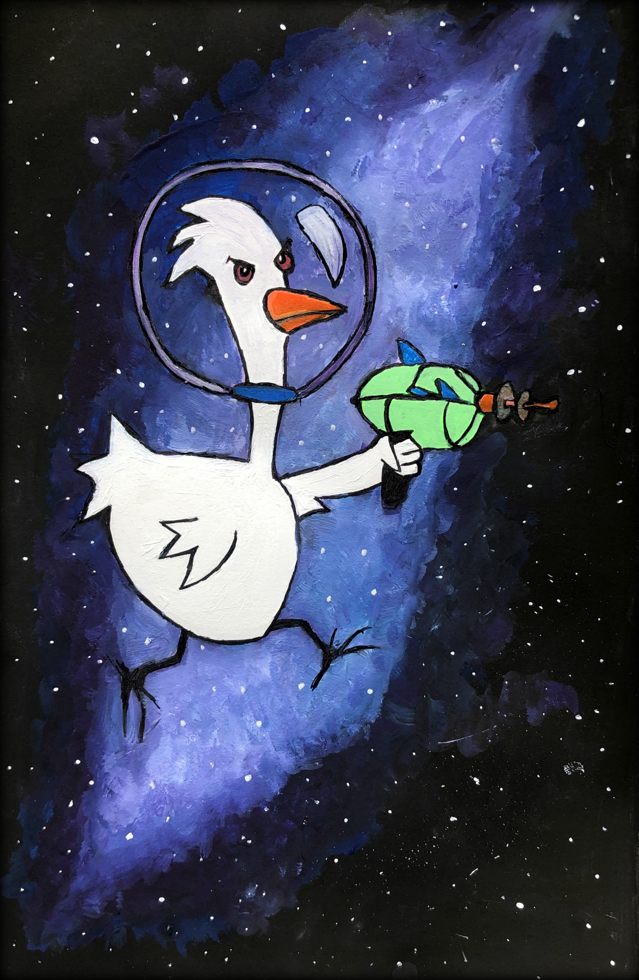 Chicken from outer space for li-lith for Artistle's Secret Santa 2020! I created the piece with gouache, acrylic paint, and ink. I based the drawing off Space Chicken from Courage the Cowardly Dog.