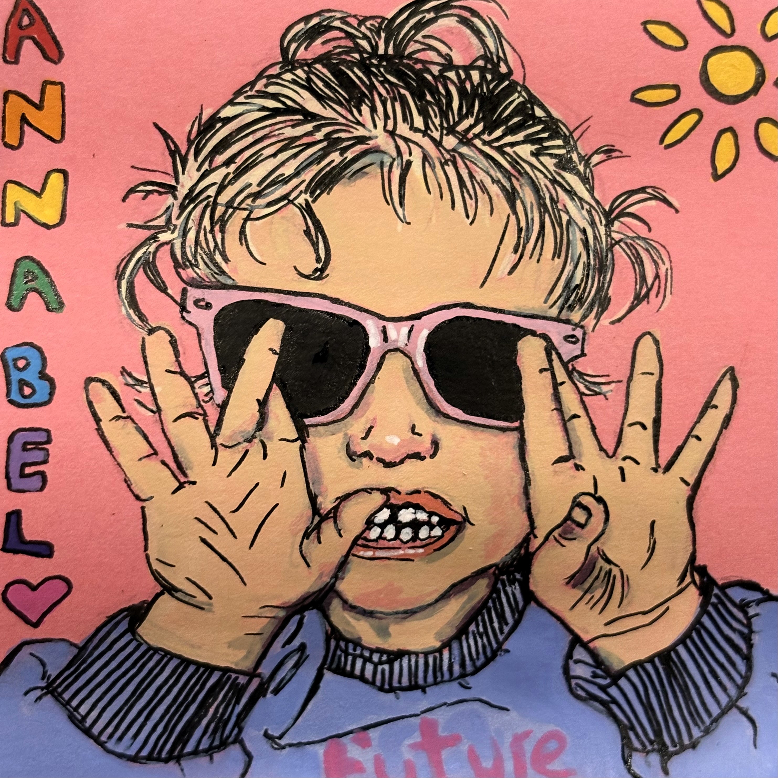 A summery portrait of my niece with sunglasses on and her hands in front of her face. Created with acrylic markers and ink on a sticky note.