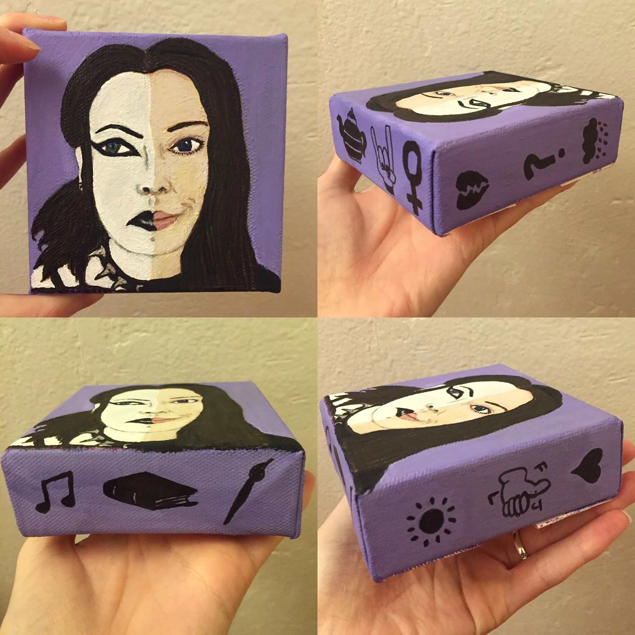 A painted self portrait on a small canvas depicting half of my past self and half of my present self with doodles about myself around the outside, the canvas was made for the Sketchbook Project’s Pen Pal Painting Exchange (the prompt was to paint ourselves).