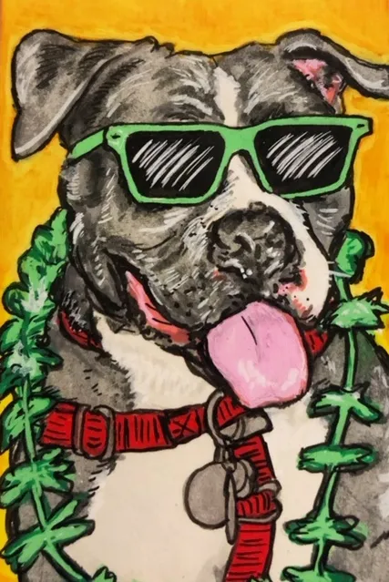 An index card illustration of my friend's cute dog, Peaches, wearing green sunglasses and a garland; the card was created with ink and acrylic markers.