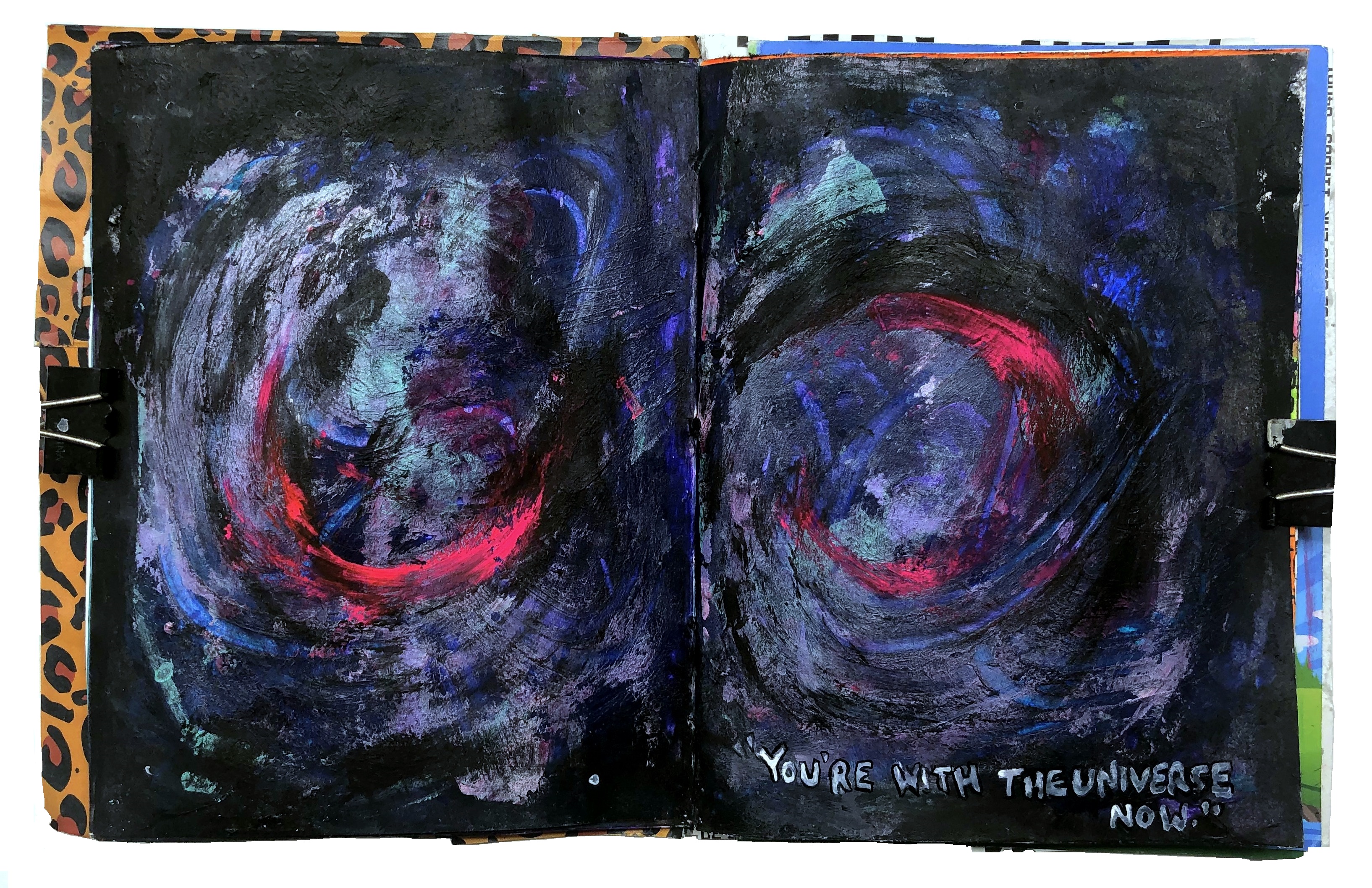 A mixed media art journal abstract painting with the words you're with the universe now.