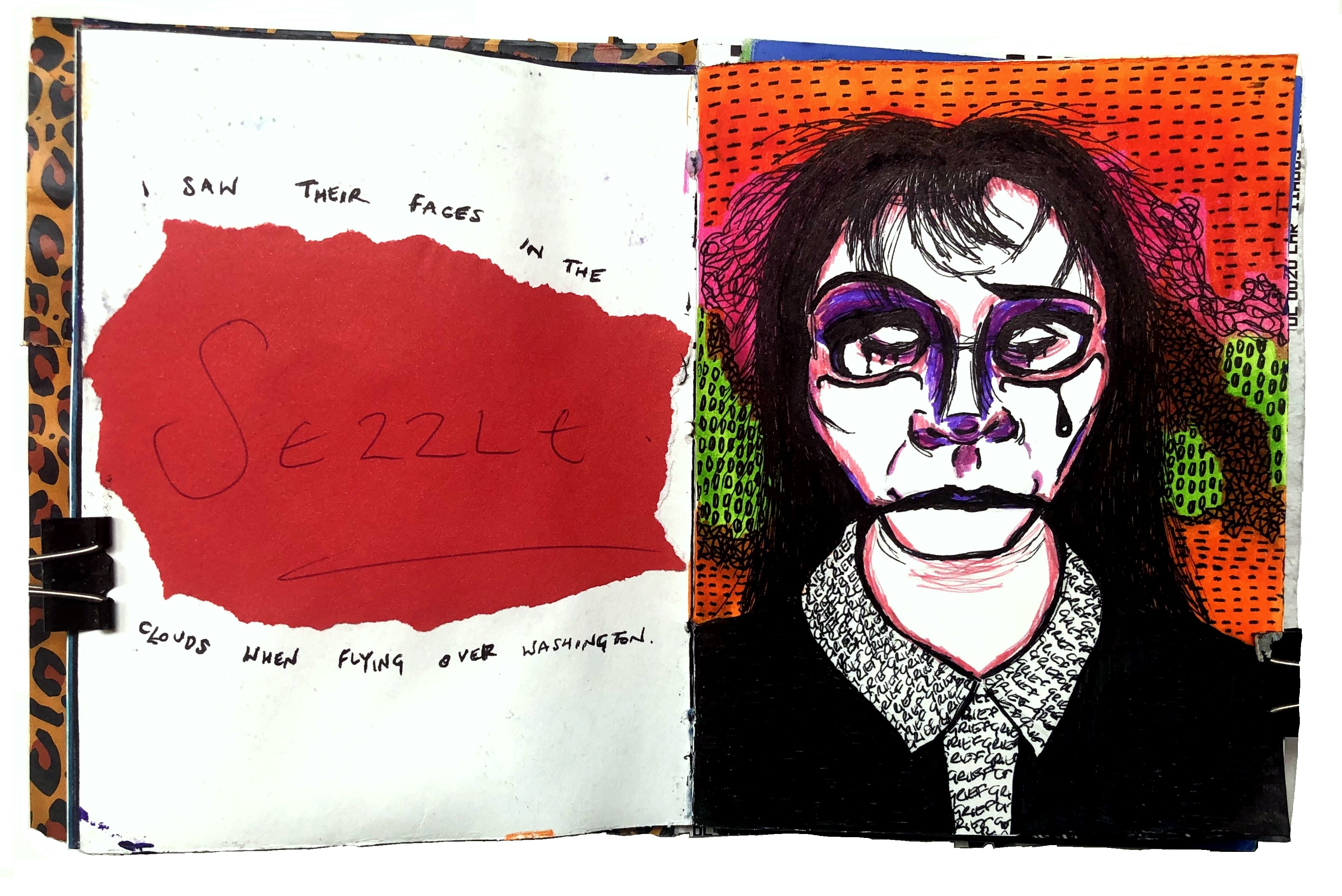 A mixed media art journal illustration of a woman in a crying mask surrounded by doodles and bright colors with a torn up envelope next to her and the words I saw their faces in the clouds when flying over Washington surrounding it.