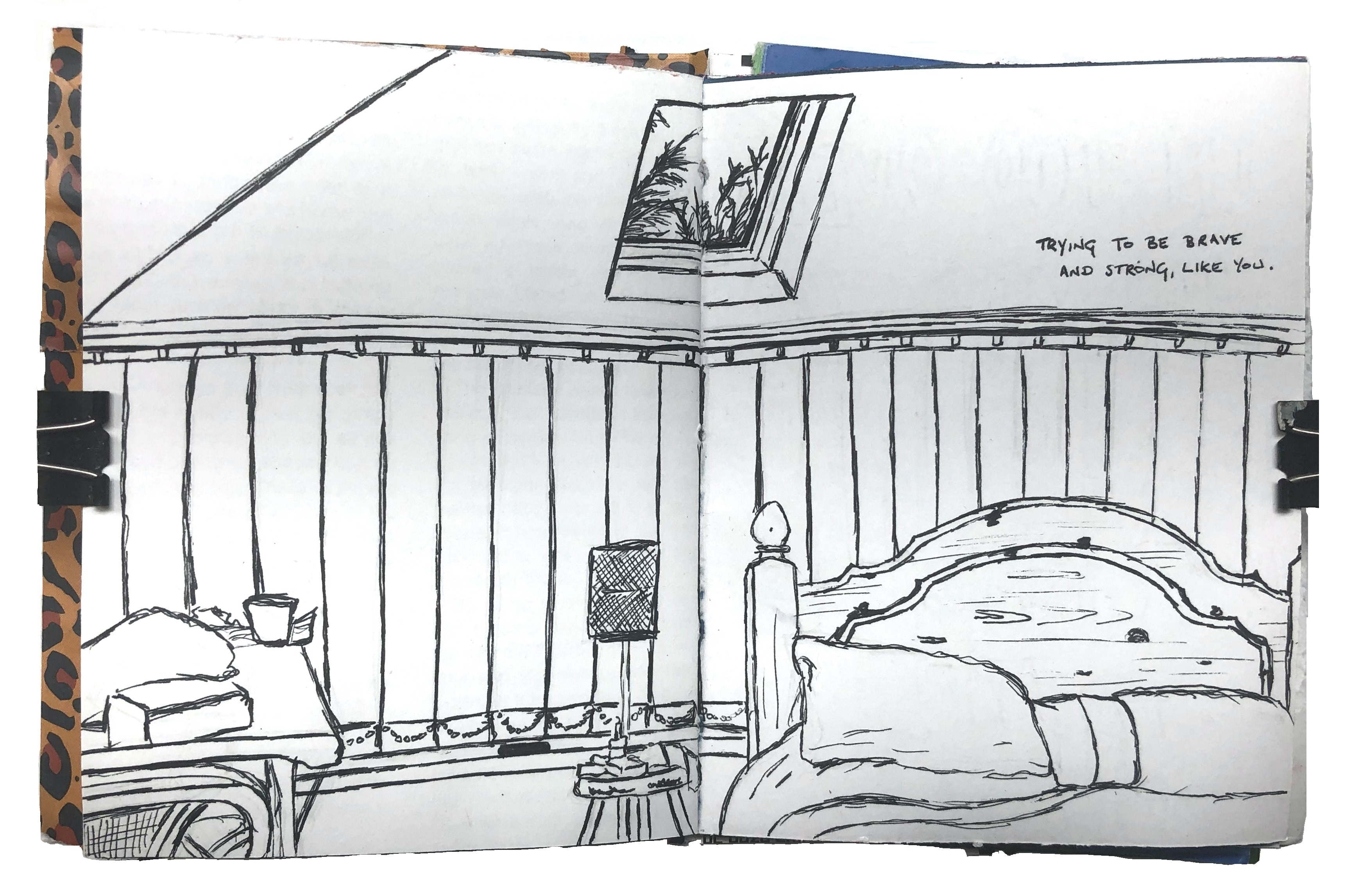 An art journal illustration of a bedroom with blinds and a skylight, and the words trying to be strong and brave, like you in the top right.